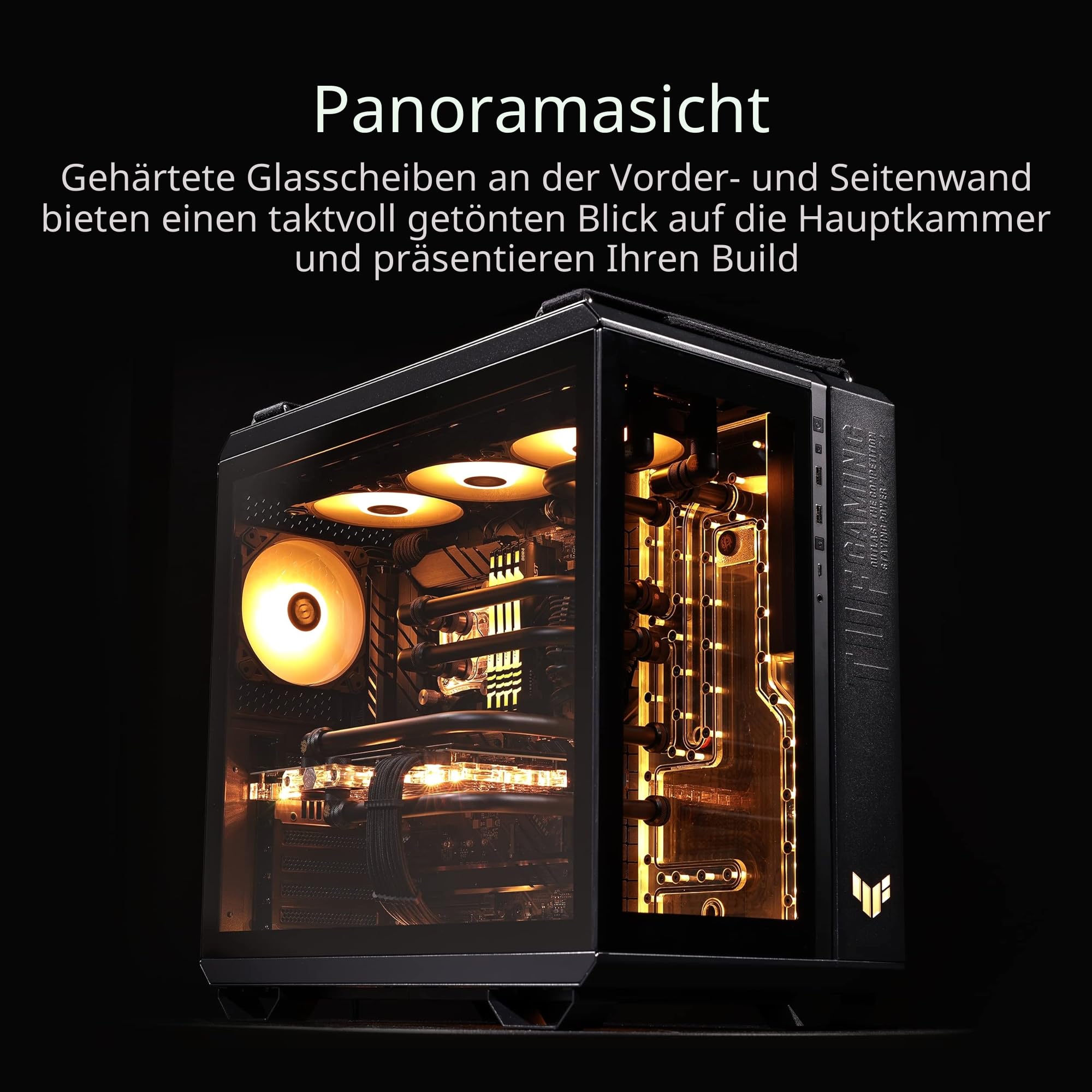 ASUS TUF Gaming GT502 Plus TG Black modulares PC Gehäuse | Zweikammer-Gehäuse, bis 3 Positionen für 360-mm-Radiatoren oder bis zu 13x120mm-Lüfter, Glasscheiben Panoramablick, schwarz