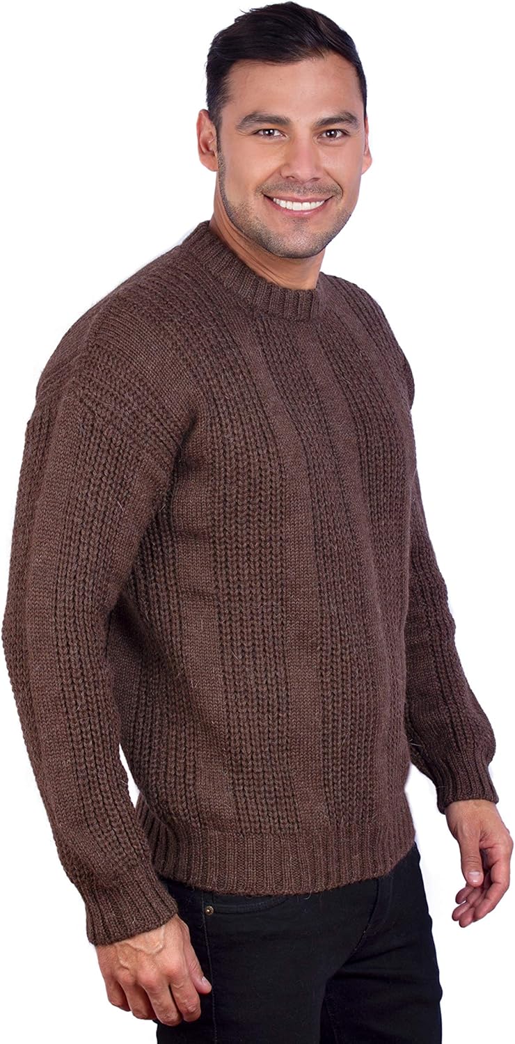 Men’s Hand Knit Long Sleeve Crewneck Brown Alpaca Sweater