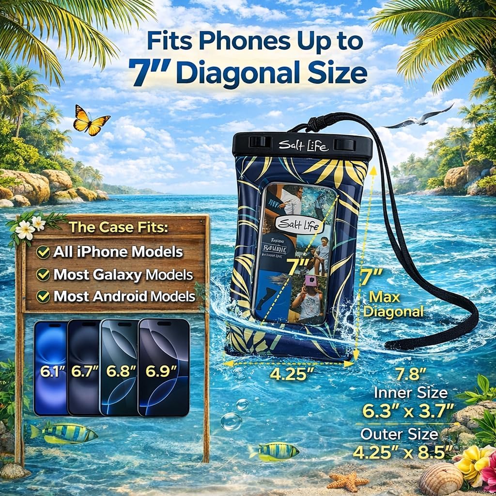 Salt Life Floating Waterproof Phone Case– IPX8 100% Waterproof Phone Case that Floats in Water, Universal Phone Dry Bag with Touchscreen Clear Window, Secure Seal Closure & Lanyard (Aqua)