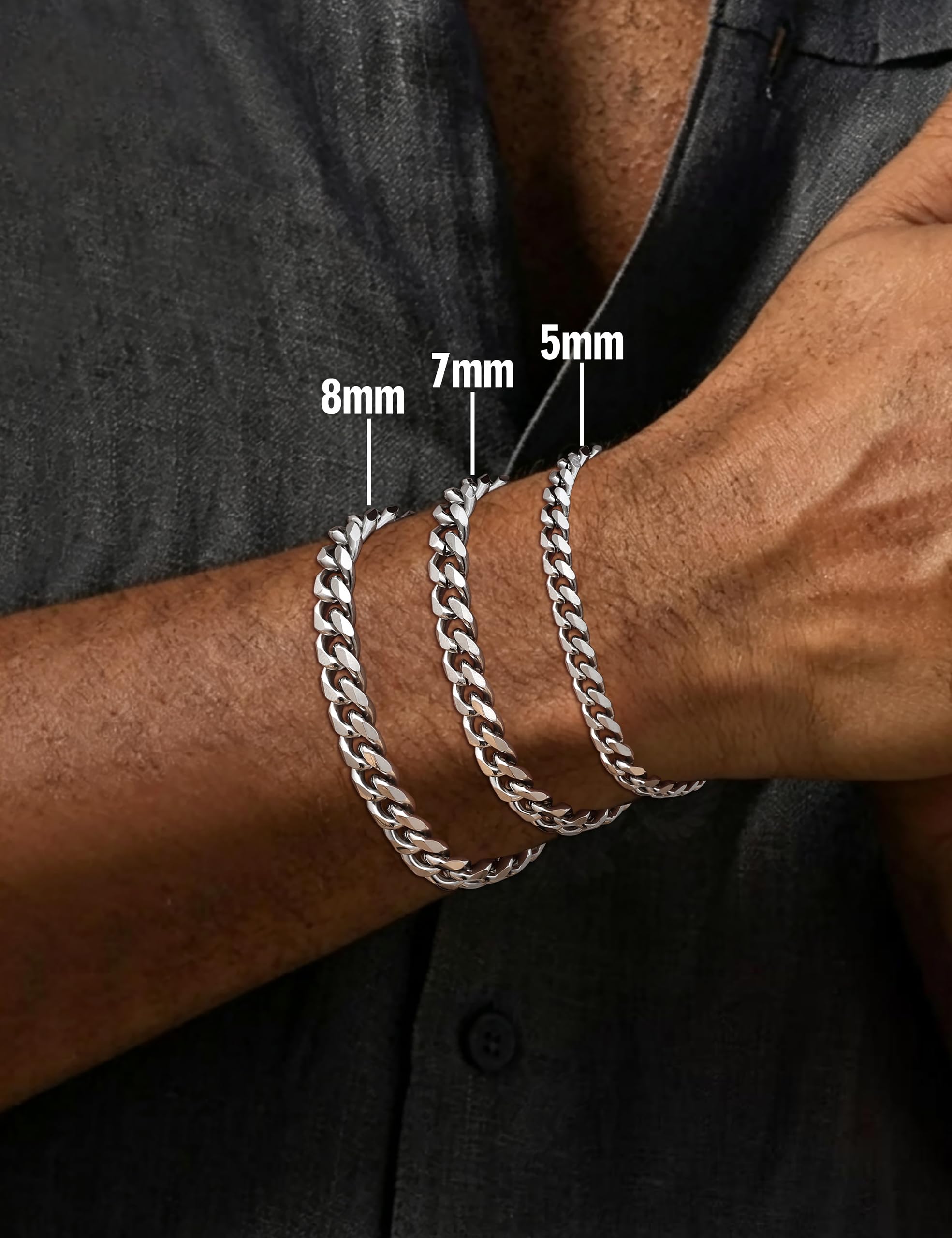 Fiusem Pulsera de eslabones cubanos de 5 mm en tono plateado para hombre