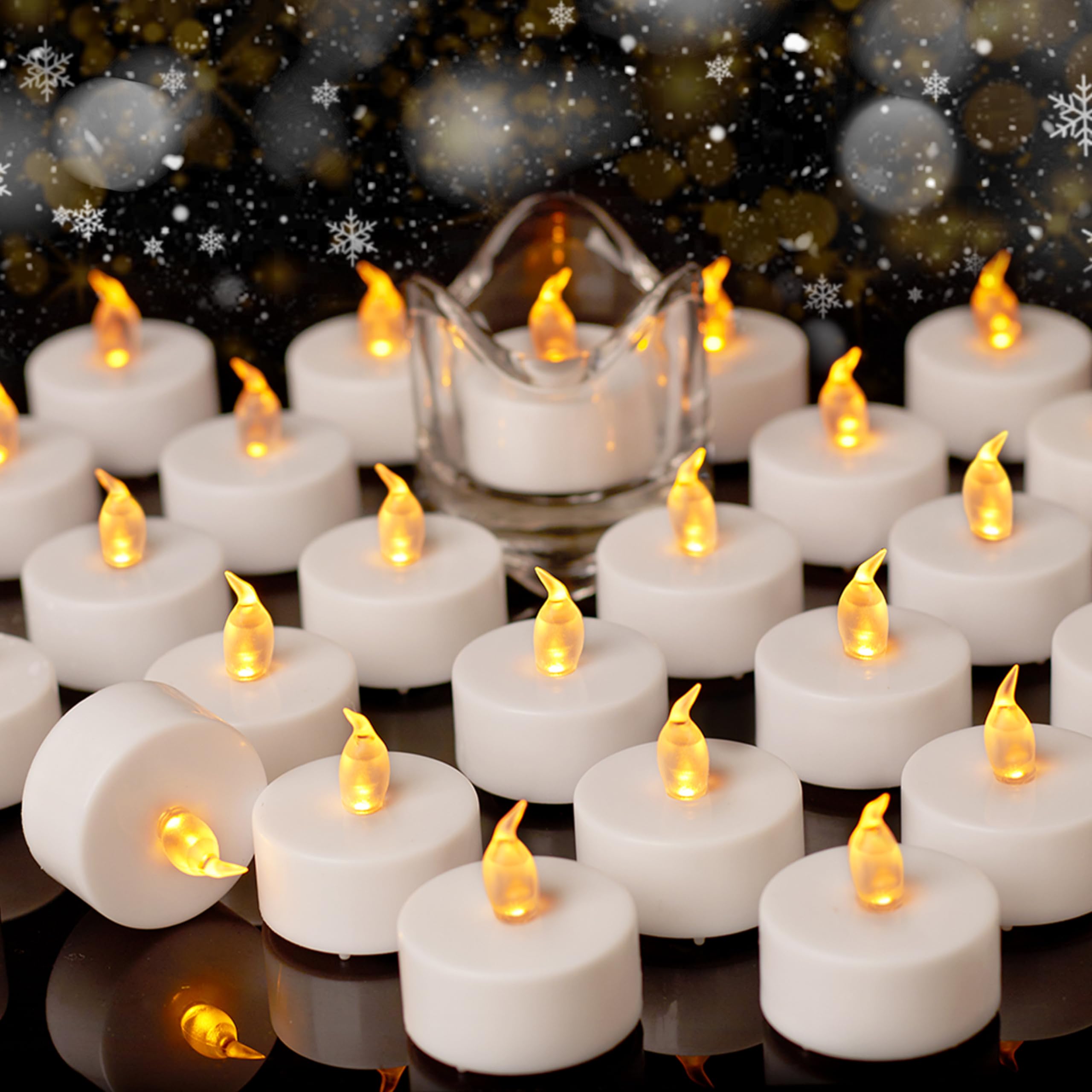 Auralome Flickering Tea Lights Candles - LED Battery Powered Operated Flameless TeaLights Warm Yellow 50-Pack Small Electric T Light Fake Bright Candle for Diwali Votive Wedding Halloween Christmas