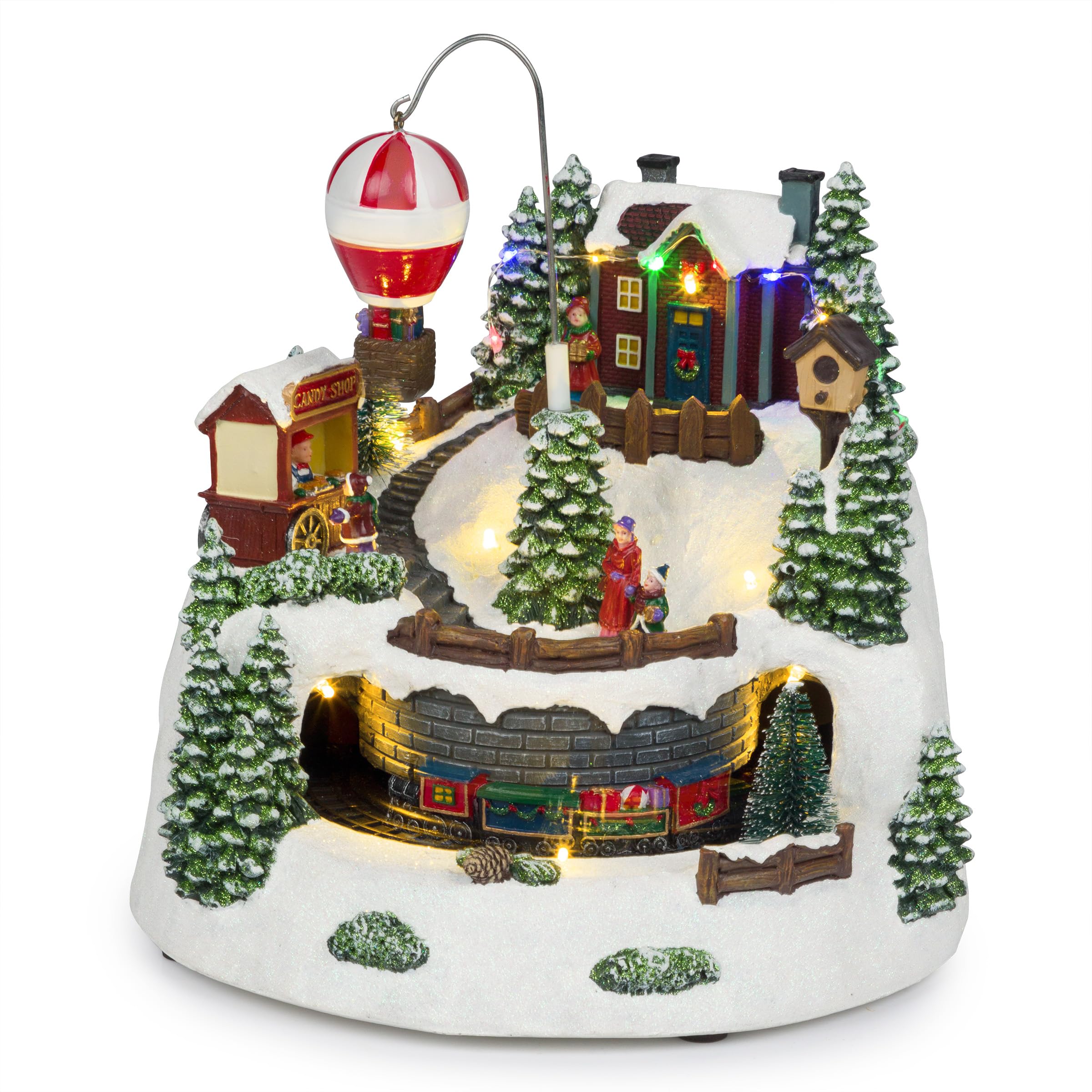 Alpine Corporation Animated Christmas Village Holiday Tabletop Decor with 14 Multicolor LED Lights, Train, and Hot Air Balloon, 11" L x 11" W x 11" H