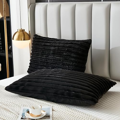 Uhamho Juego de 2 fundas de almohada estándar para cama de piel sintética de conejo a rayas y parte trasera de terciopelo, fundas de almohada