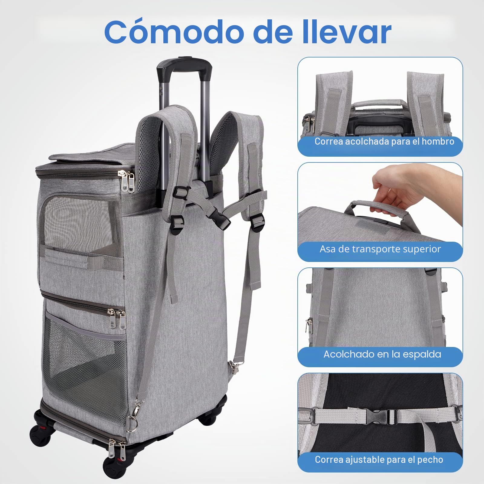 Mochila doble para gatos con ruedas desmontables, bolsa de viaje portátil, mochila plegable para 2 gatos/perros pequeños/conejos, gris