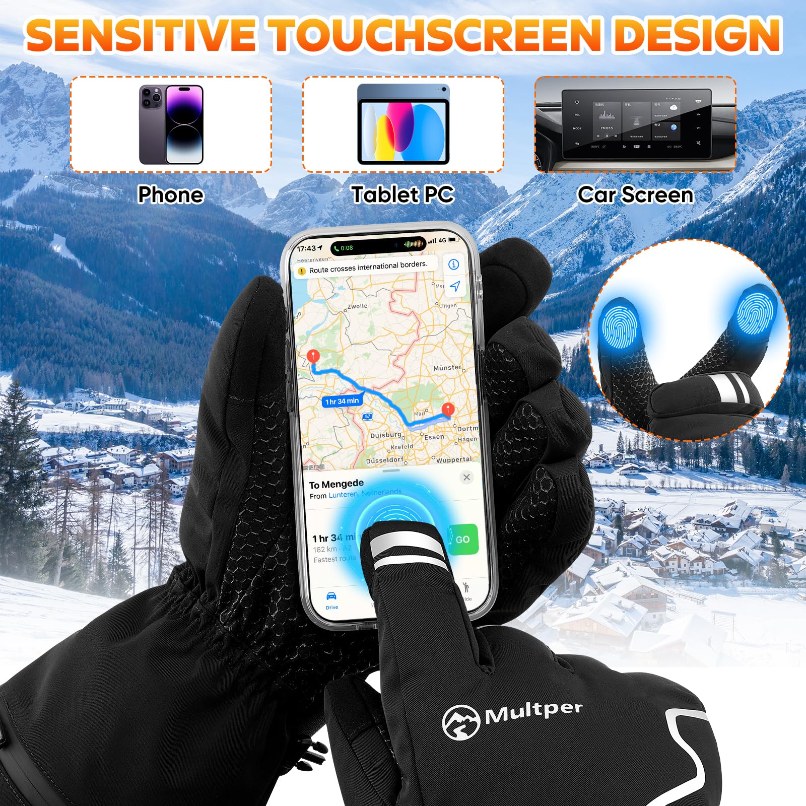 Beheizbare Handschuhe für Herren Damen,Multper Elektrische Beheizte Handschuhe Wärmefunktion mit USB Aufladbare Akku 3000mAhx2,3-Stufigem,wasserdichte Touchscreen für Wandern,Radfahren,Skifahren - L