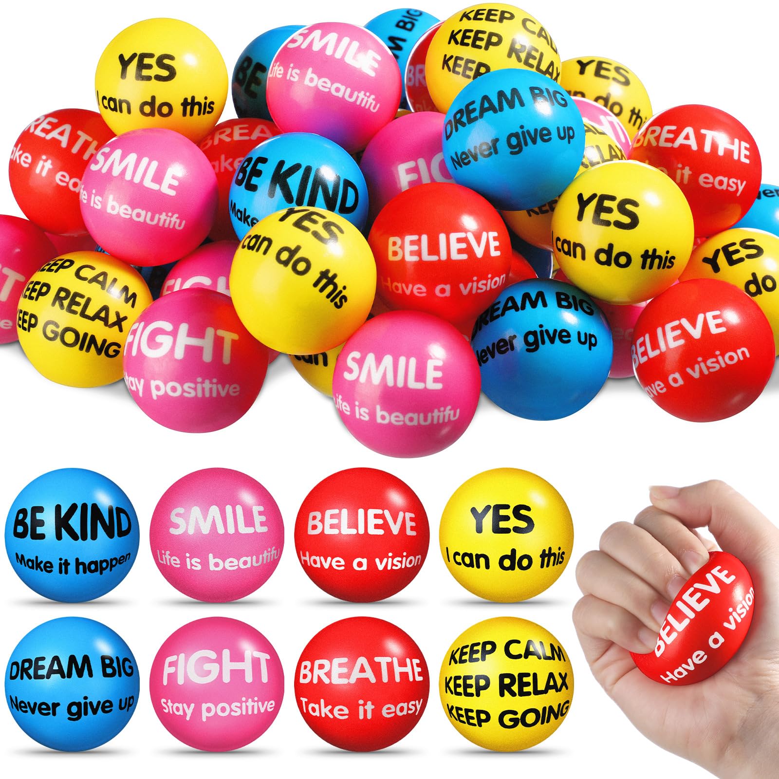 Liliful 48 Pieces Motivational Stress Balls Bulk for Adults Fidget Toys End of The Year Gifts Inspirational Squeeze Balls Employee Appreciation Gift Adult Goodie Bag 2. 2 Inch(Bright Colors)
