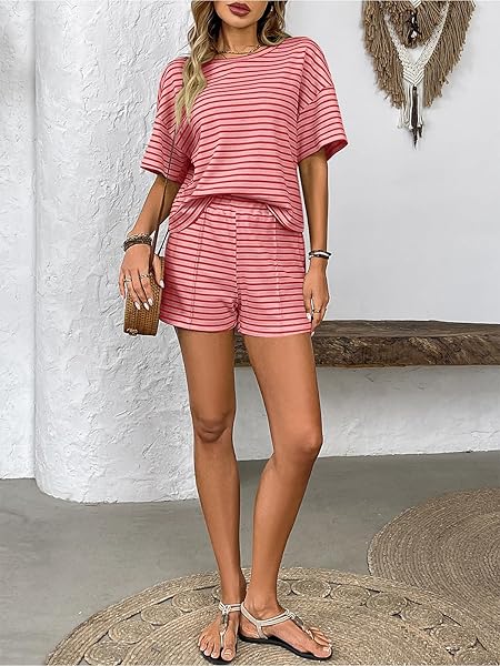 crazy bean Conjunto Chándale Mujer Verano 2 Piezas Casual Pantalones Cortos y Top Camiseta Manga Corta Camiseta Manga Corta a Rayas Cuello Redondo Deportivo - 4