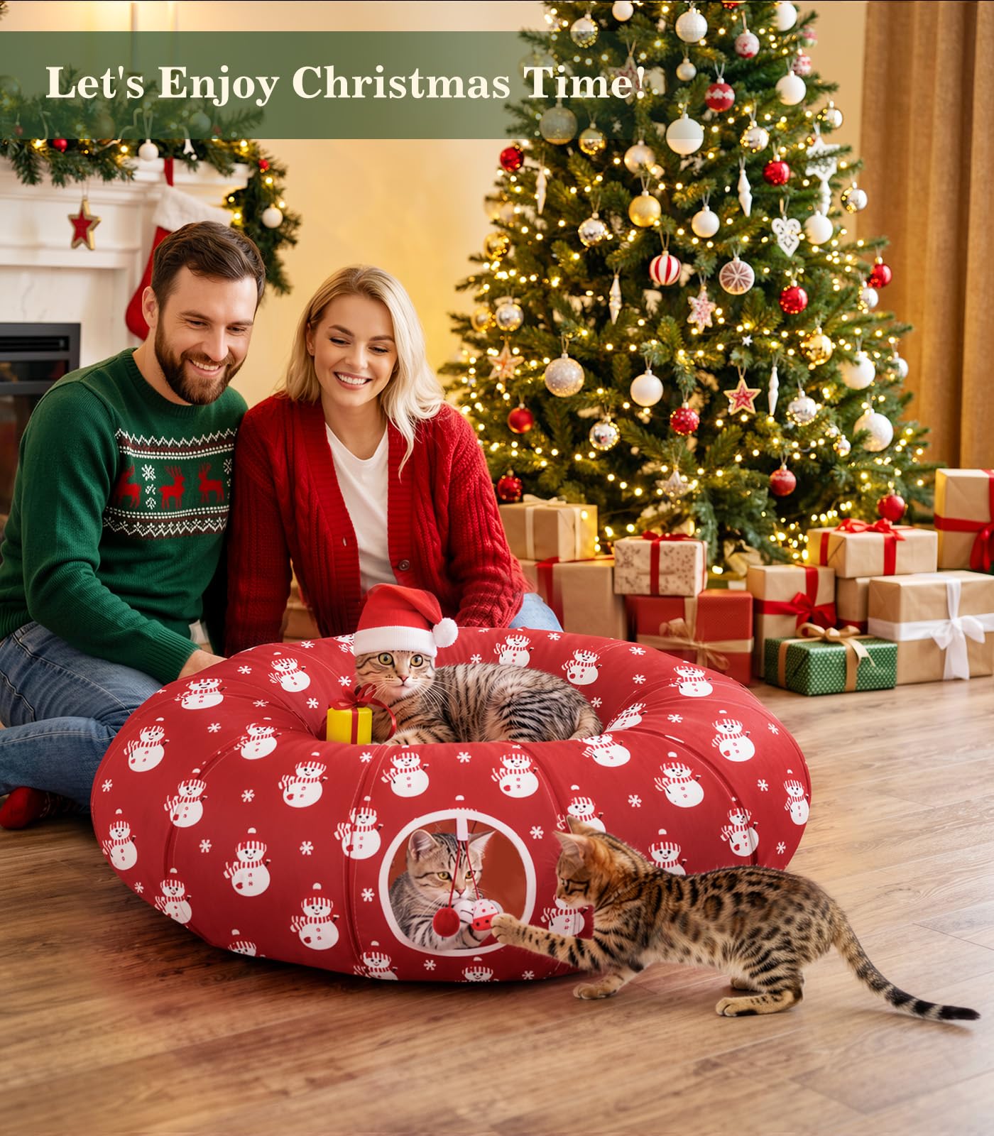 Pawaboo Lit Tunnel Noël Chat 35,4", Bonhomme Neige | Tunnel avec tapis, balles en peluche et grelots pour jouer, se cacher et se reposer.