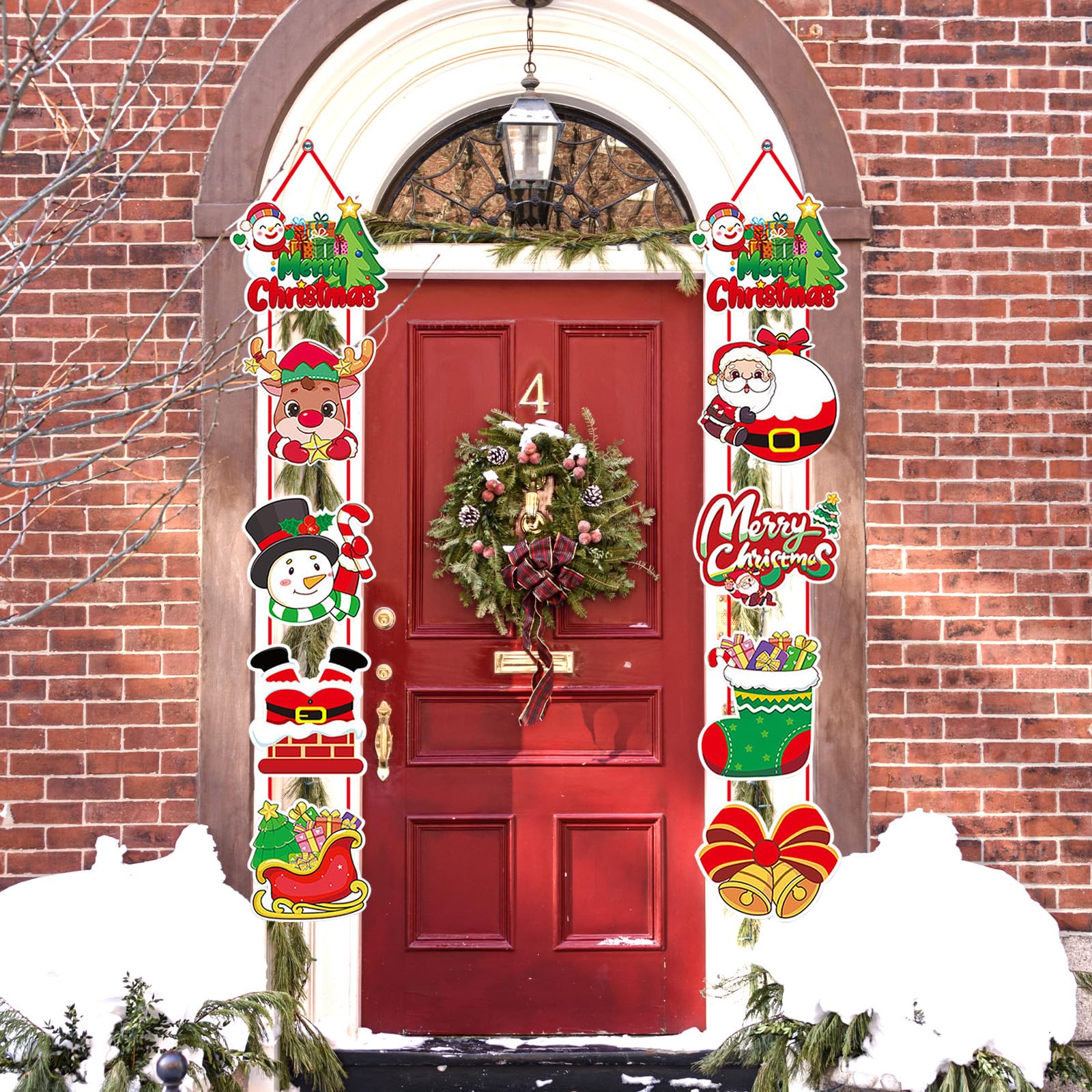 Decoración Puerta Navidad, Decoracion Navidad Exterior, Pancarta Feliz Navidad Que Contiene Elementos de Muñeco de Nieve y Papá Noel, Disponible en Decoración Navideña Arbol (Verde)