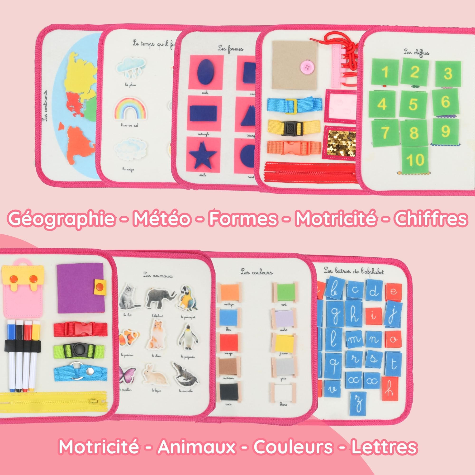 BusyBoard Montessori Français – Livre d’Activités Éducatif & Sensoriel – 2-6 Ans – 10 Pages Interactives – Montessori Authentique – Animaux, Formes, Lettres & Motricité (Rose)