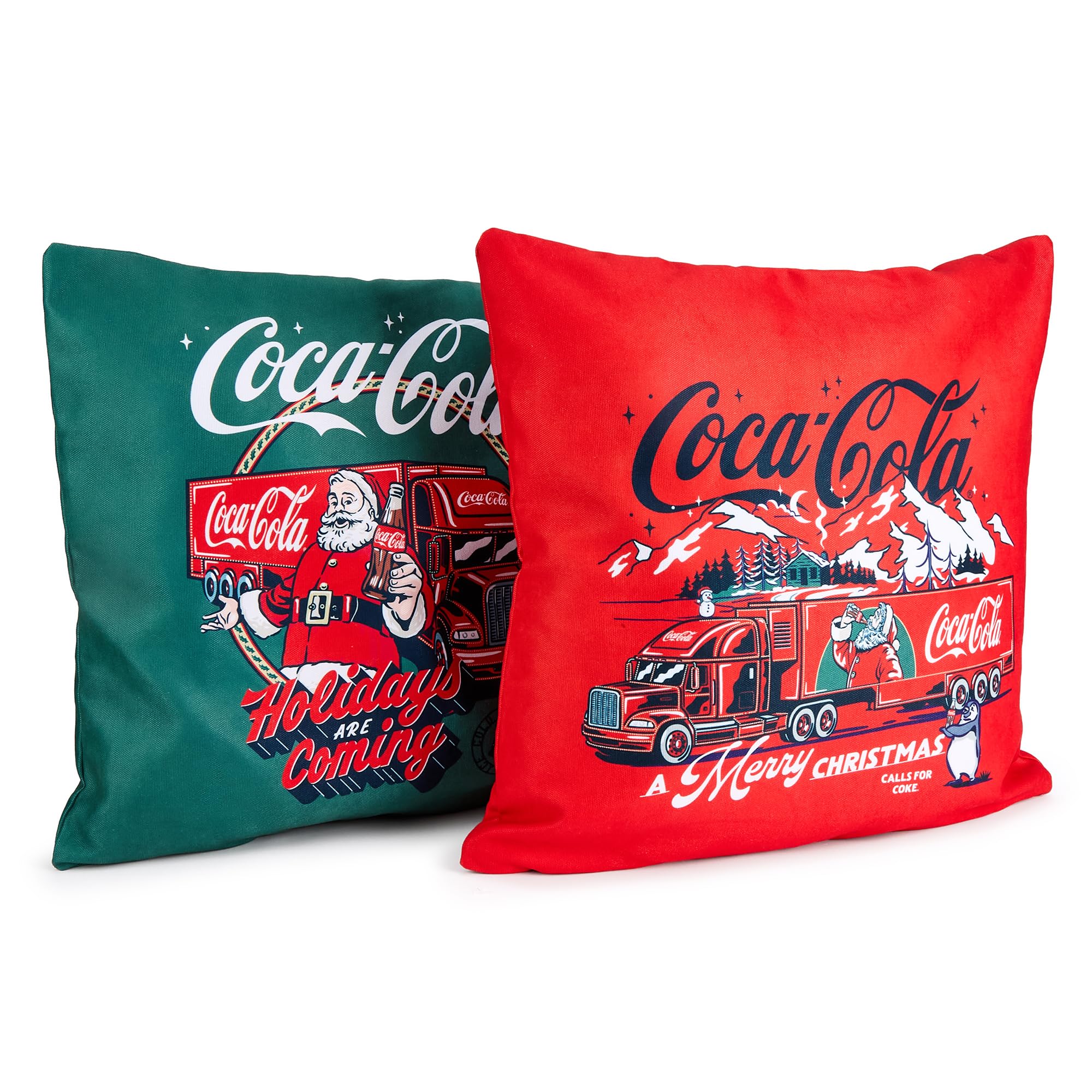 The Gift Scholars Coca-Cola Officially Licensed Christmas & Xmas Twin Pack Cushion Covers – Dual-Sided Red & Green Festive Set with Santa and Truck Graphics – 40x40cm with Zipper