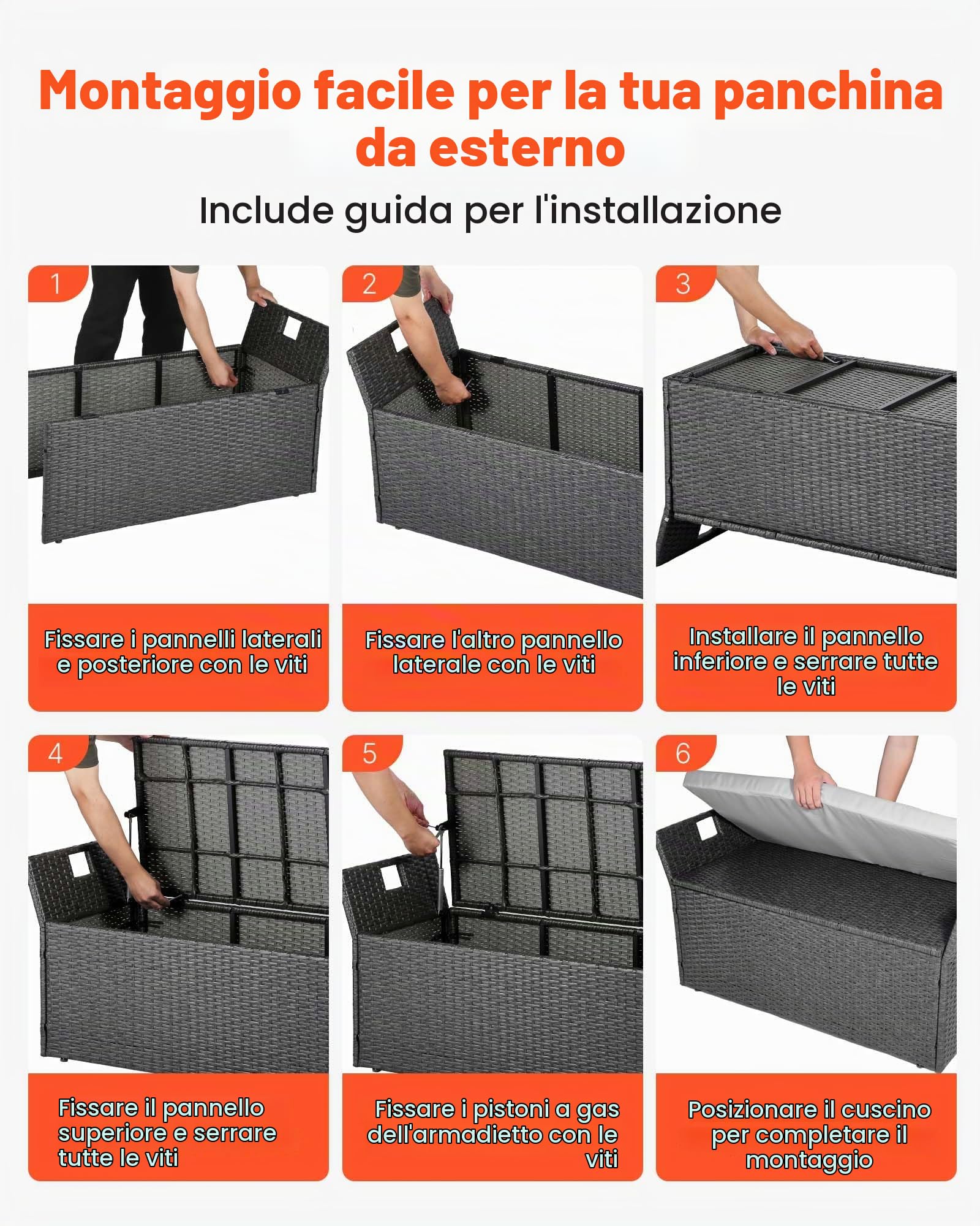 VEVOR Panca Portaoggetti da Esterno, Panca Portaoggetti in Rattan PE per 2 Persone, Contenitore Intrecciato con Cuscino Maniglia Laterale, Supporto Max 180kg, Seduta da Giardino Decorazione Balcone