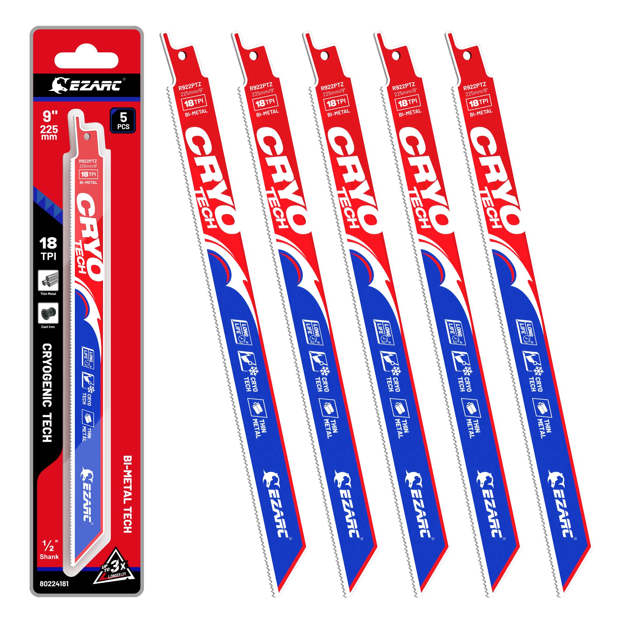 EZARC Reciprocating Saw Blades for Metal 225mm 18 TPI Pack of 5, Bimetal Reciprocating Saw Blade with Cryo Tech, with 8% Cobalt for Metal Cutting R622PMZ