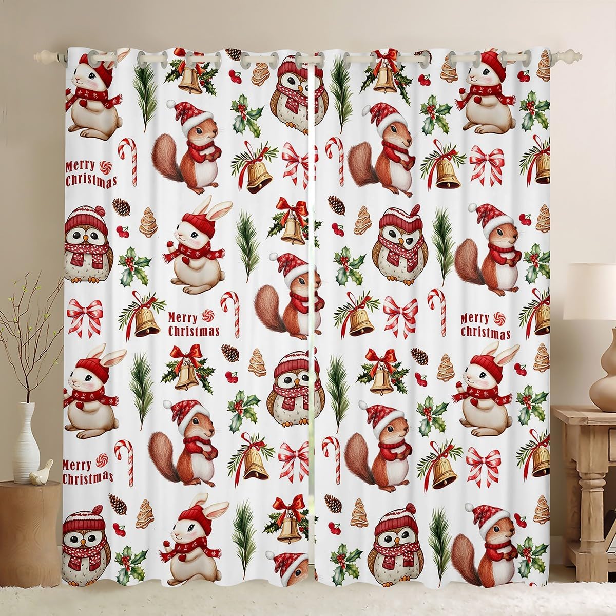 Squirrel Rabbit Owl Curtains,Xmas Theme Animal Window Curtain for Kids Girls Boys Adults Home Room Decor,Merry Christmas Window Treatment Curtain,Bowknot Wildlife Window Drapes,2 Panels,42Wx90L