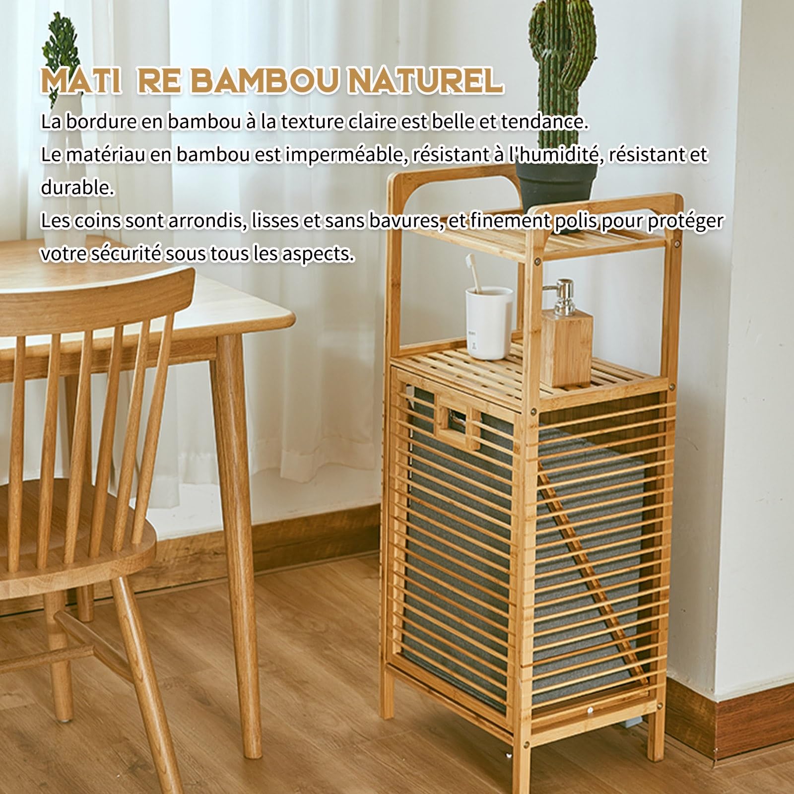 Bambus-Wäschekorb mit ausklappbarem Korb, Bodenständer, Aufbewahrungsregal für Badezimmer, Schlafzimmer, Wohnzimmer, schmutzige Kleidung, Organizer mit geräumiger Kapazität
