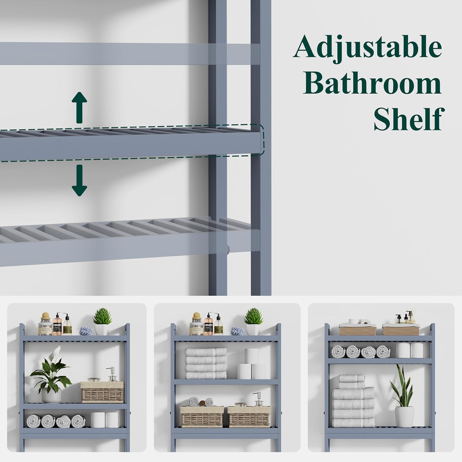 Smiry Bamboo Storage Sets, Bamboo 3-Tier Over Toilet Bathroom Organizer, Grey with 2 Tier Shoe Rack (2 Tier, Natural)
