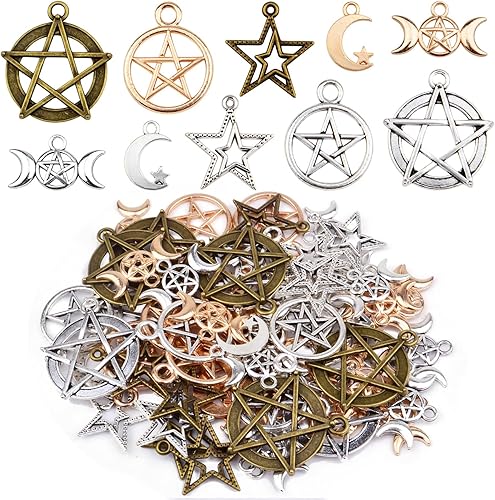 70 dijes mixtos de estrella de pentáculo, luna, pentagrama, bruja, colgantes, protección de aleación vintage, dijes de la suerte para bricolaje,