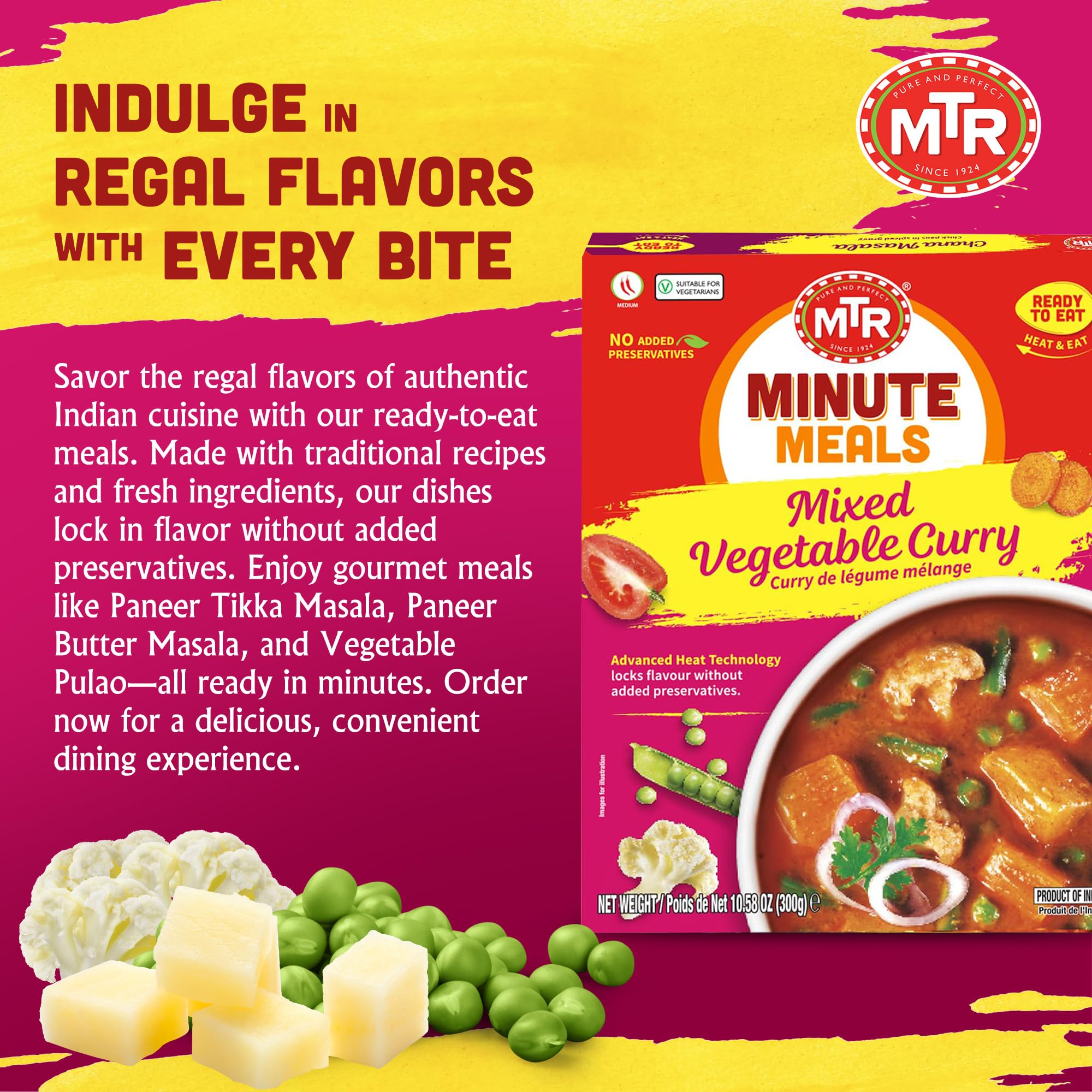 MTR - Minute Meals: Flavorful Mixed Vegetable Curry - Authentic Indian Ready-to-Eat Meal with No Added Preservatives - A Quick Meal Suitable for Vegetarians, Ready in Minutes! (Pack of 6)