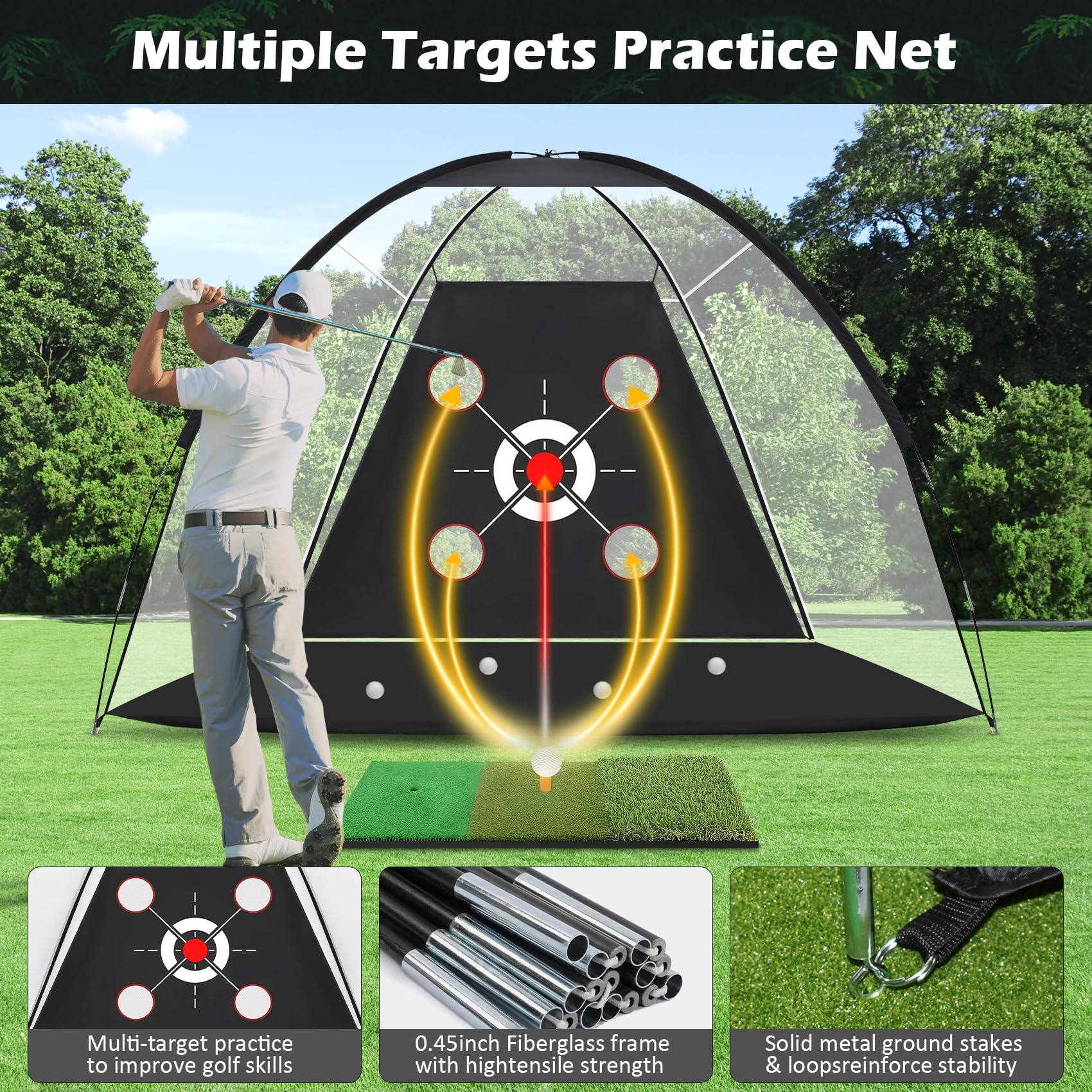 Golf Net, 10x7FT with Golf Practice Mat, Hitting Aid Nets for Backyard Driving Chipping Training Swing with Target Outdoor or Indoor– Gifts for Men/Dad/Him