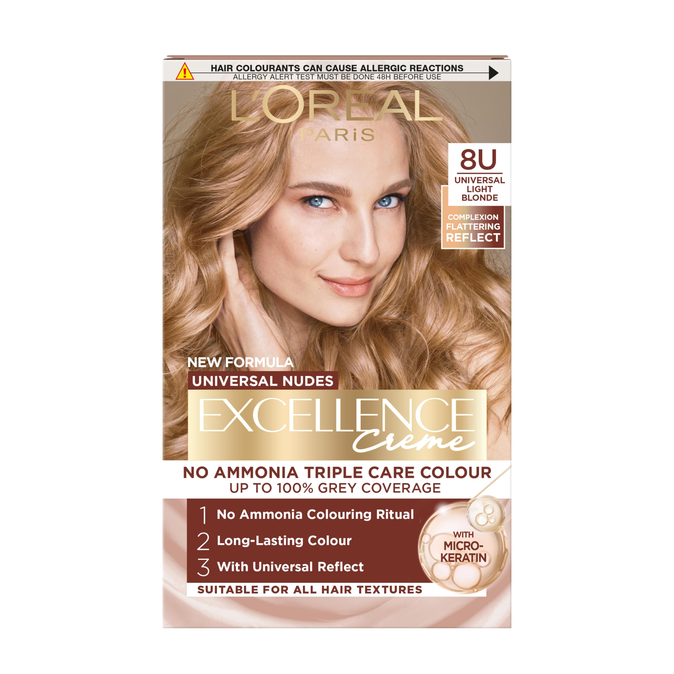 L'Oréal Paris Excellence Universal Nudes Hair Colour, Ammonia-Free, Micro-Keratine, Triple Care, 100% Grey Coverage, Radiance Boosting, 8U Universal Light Blonde