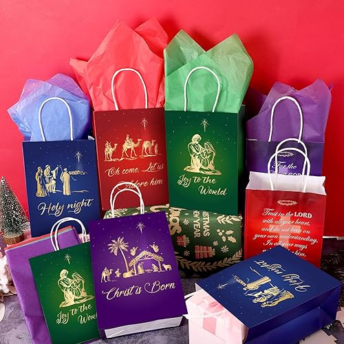 Miniatura 4 de Pasimy 48 bolsas de regalo de Navidad con 24 bolsas de papel cristianas para regalos religiosos cristianos con 24 pañuelos, versículos de la Biblia,