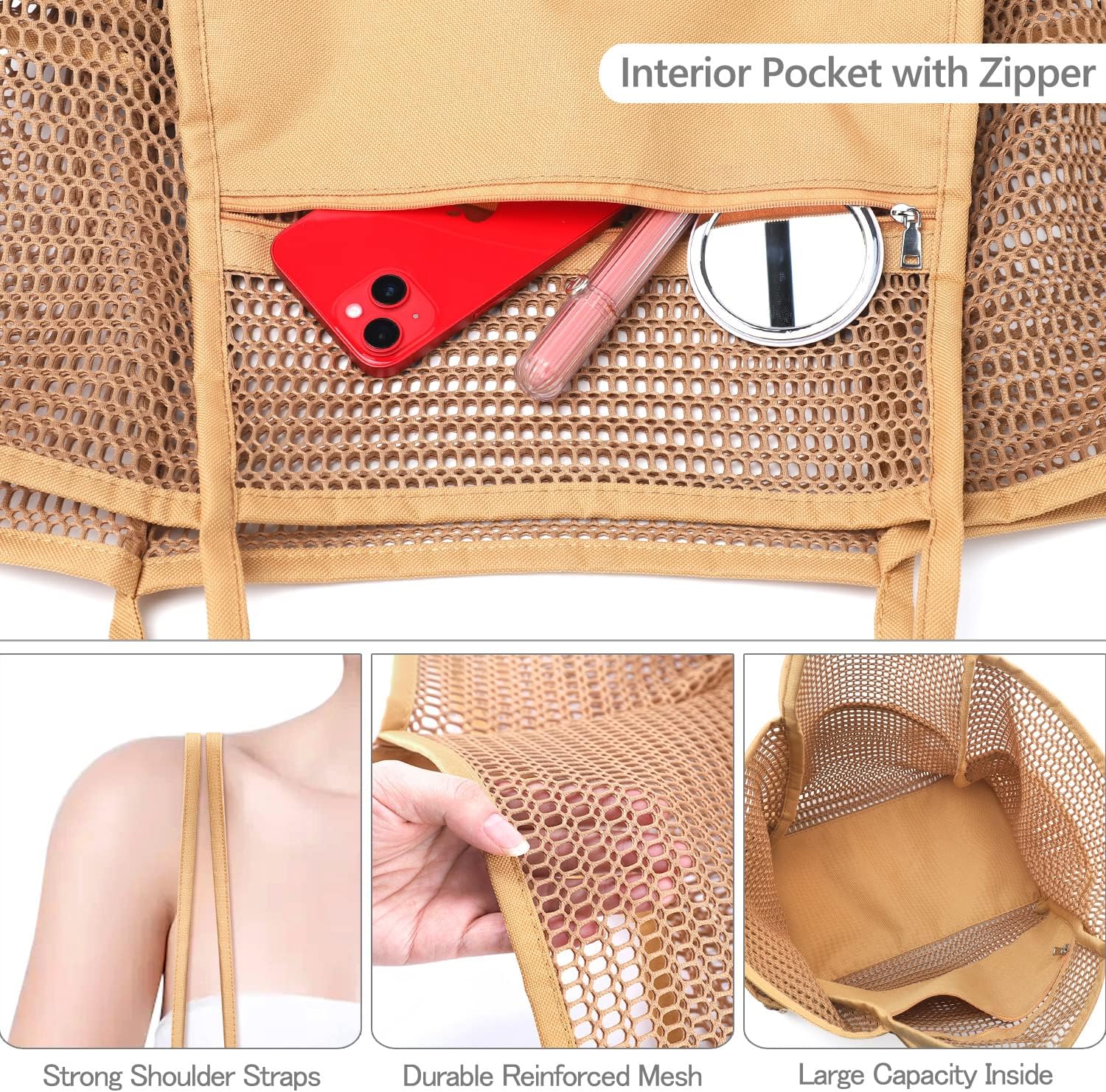 Ayieyill Mesh Beach Bag Tote Bag for Women, Foldable Swim Large Beach Tote Bag with Zipper Pockets Waterproof Sandproof - Image 5