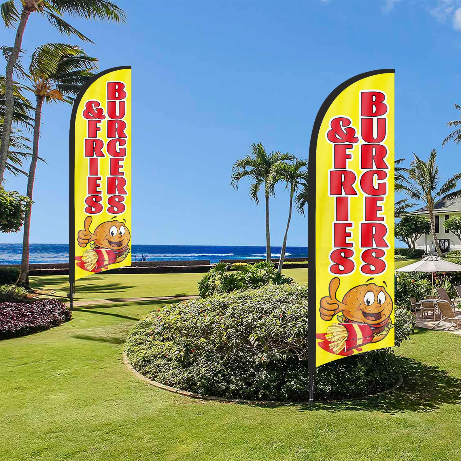 Drapeau à plumes pour hamburgers frites avec kit de mât et piquet de sol, 2,7 m, bannière de drapeau sans vent, pour publicité extérieure