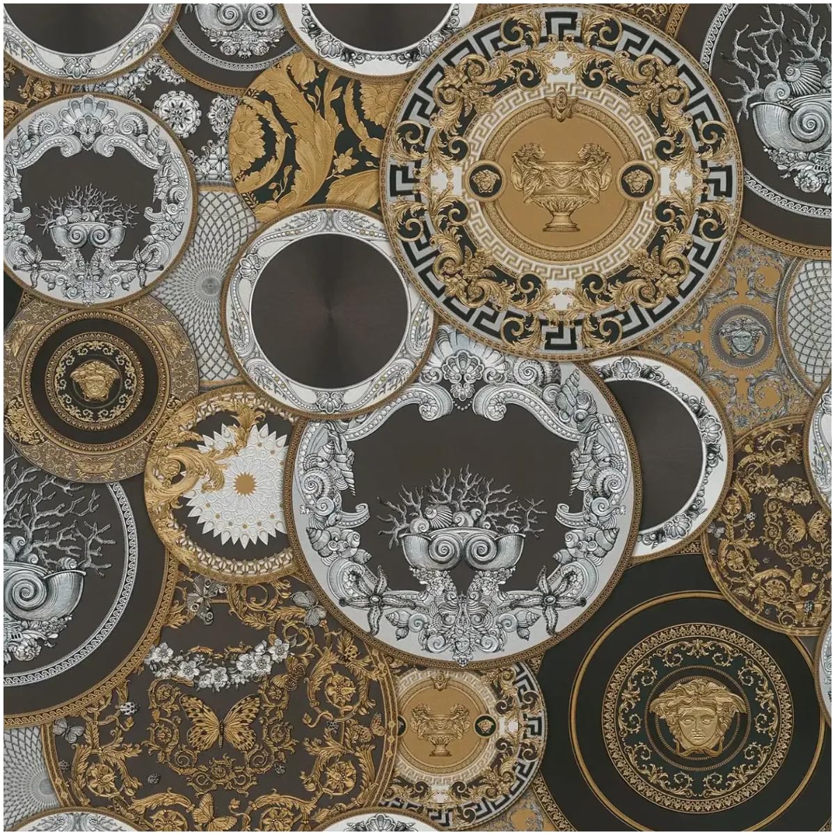 Yöl Black / Grey / Metallic Luxury Dark Medallion Plate Effect Vinyl Wallpaper, Classic Ornate Circular Pattern With Decorative Urn, Face And Scroll Motifs For Living Room, Bedroom Or Feature Wall Decor