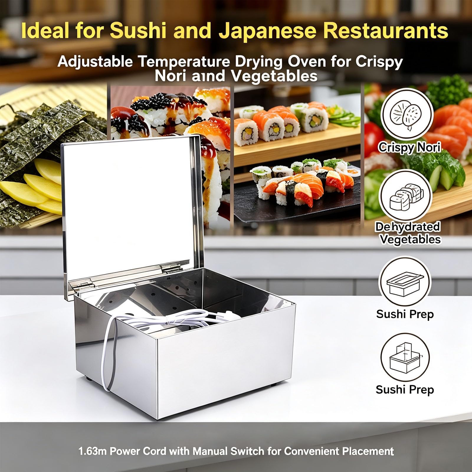 Forno di Essiccazione per alghe in Acciaio Inox per Ottenere alghe Nori croccanti e Verdure, con Temperatura Regolabile, Ideale per Sushi e ristoranti Giapponesi.