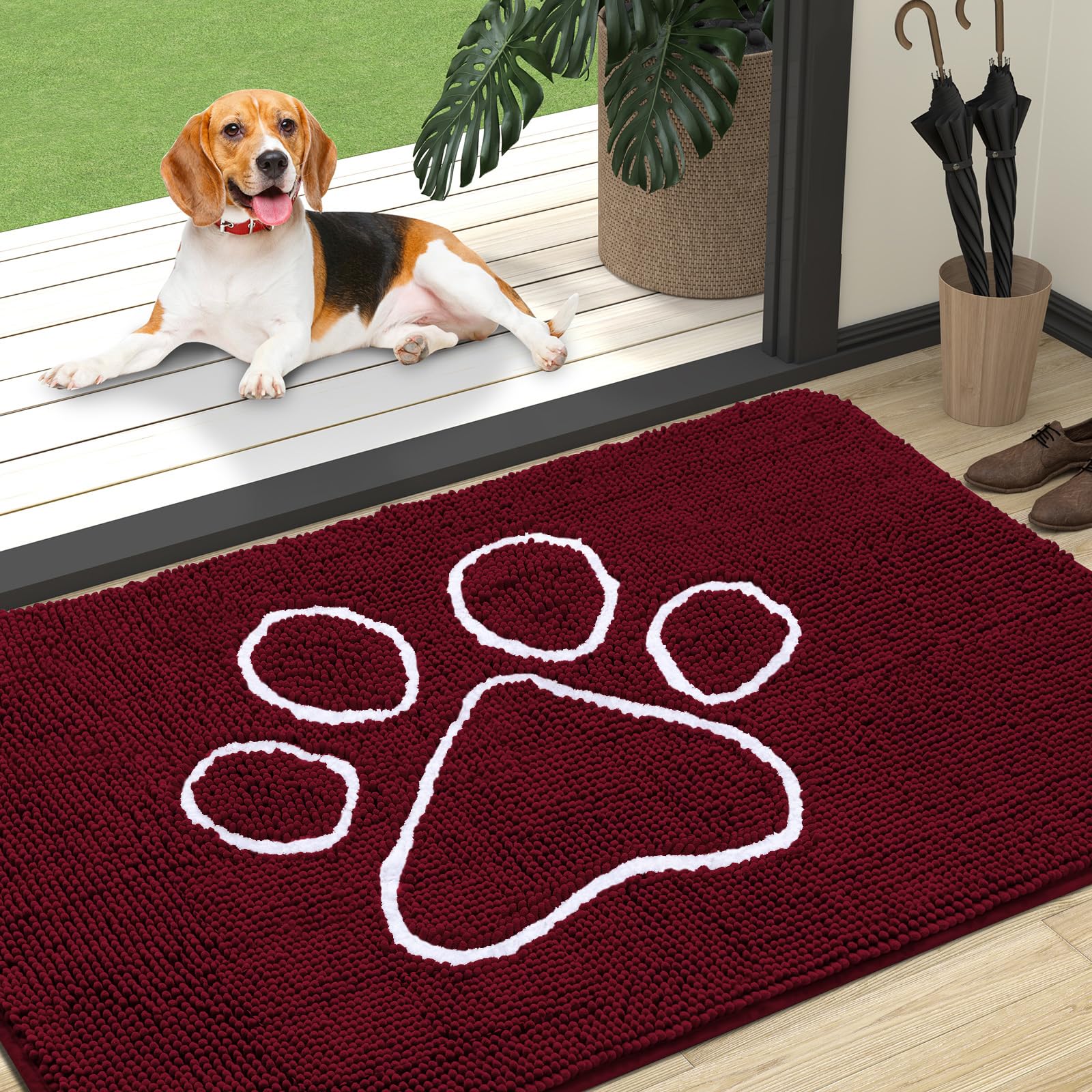 OLANLY Door Mat for Muddy Dog Paws 47x32, Ultra Absorbent Chenille Mud Doormat with Paw Print Design, Non-Slip Washable Doormat for Indoor Entryway, Quick-Dry Pet Bed Mats for Dirty Dogs, Burgundy โ image 1