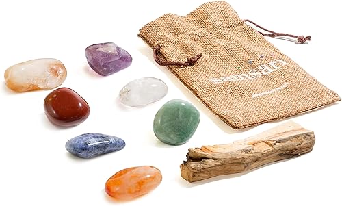 Juego de piedras curativas de cristal de 7 chakras (sodalita, cristal de roca, amatista, citrino, cornalina, jaspe rojo, cuarzo verde), palo de