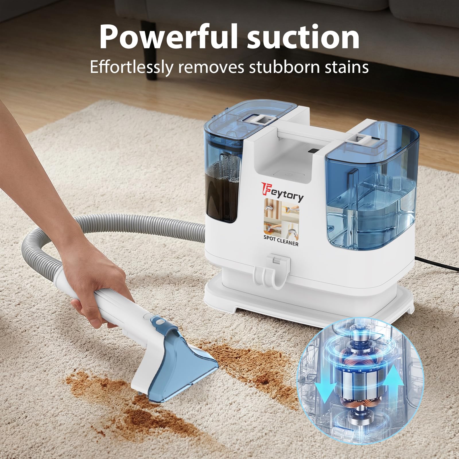 Máquina limpiadora portátil de alfombras y tapicería, potente removedor de manchas de succión de 500 W con tanques de agua duales, 2 cepillos de limpieza para sofá, alfombra, colchón, asiento de coche