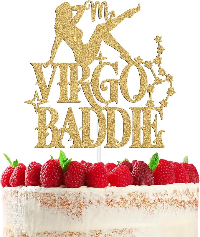 Virgo Baddie Cake Topper, Big Virgo Energy/Virgo Season/Virgo AF, Funny 12 Constellation Zodiac Virgo Theme August September Birthday Party Decoration Supplies, Gold Glitter