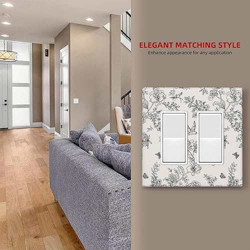 Miniatura 7 de Cubierta decorativa para interruptor de luz, diseño de pájaros y flores florales en blanco y negro, 2 bandas, cubierta decorativa para pared, placa