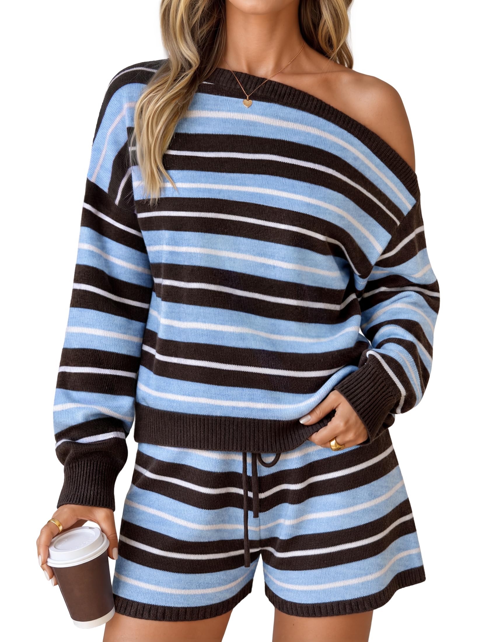 Women's 2 Piece Striped Casual Long Sleeve Sweater Shorts Sets