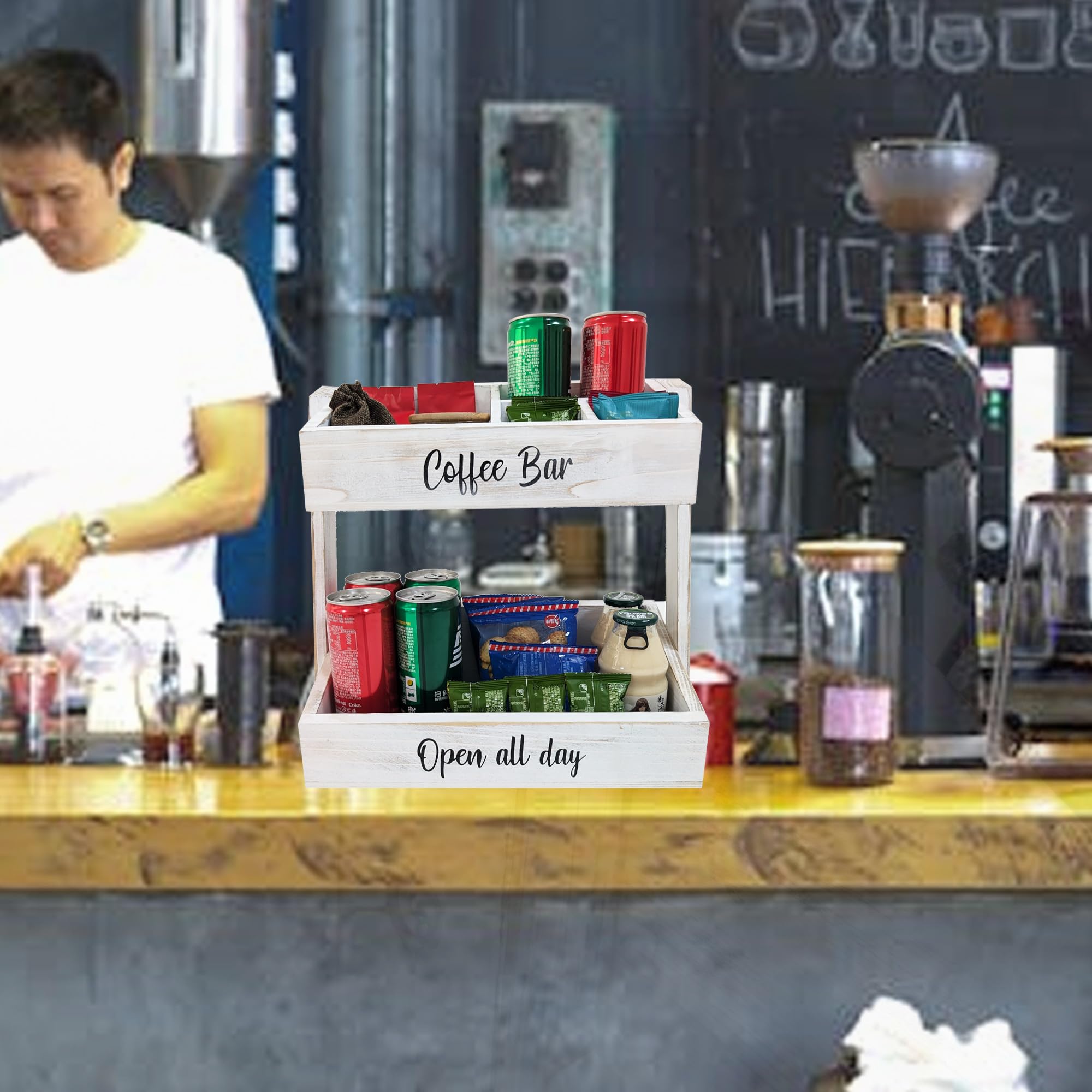 Accessoires et organisateur de bar à café en bois – Organiseur de station de café indispensable pour comptoir, décoration de bar à café, support de sirop et organisateur de condiments – Blanc Estacion