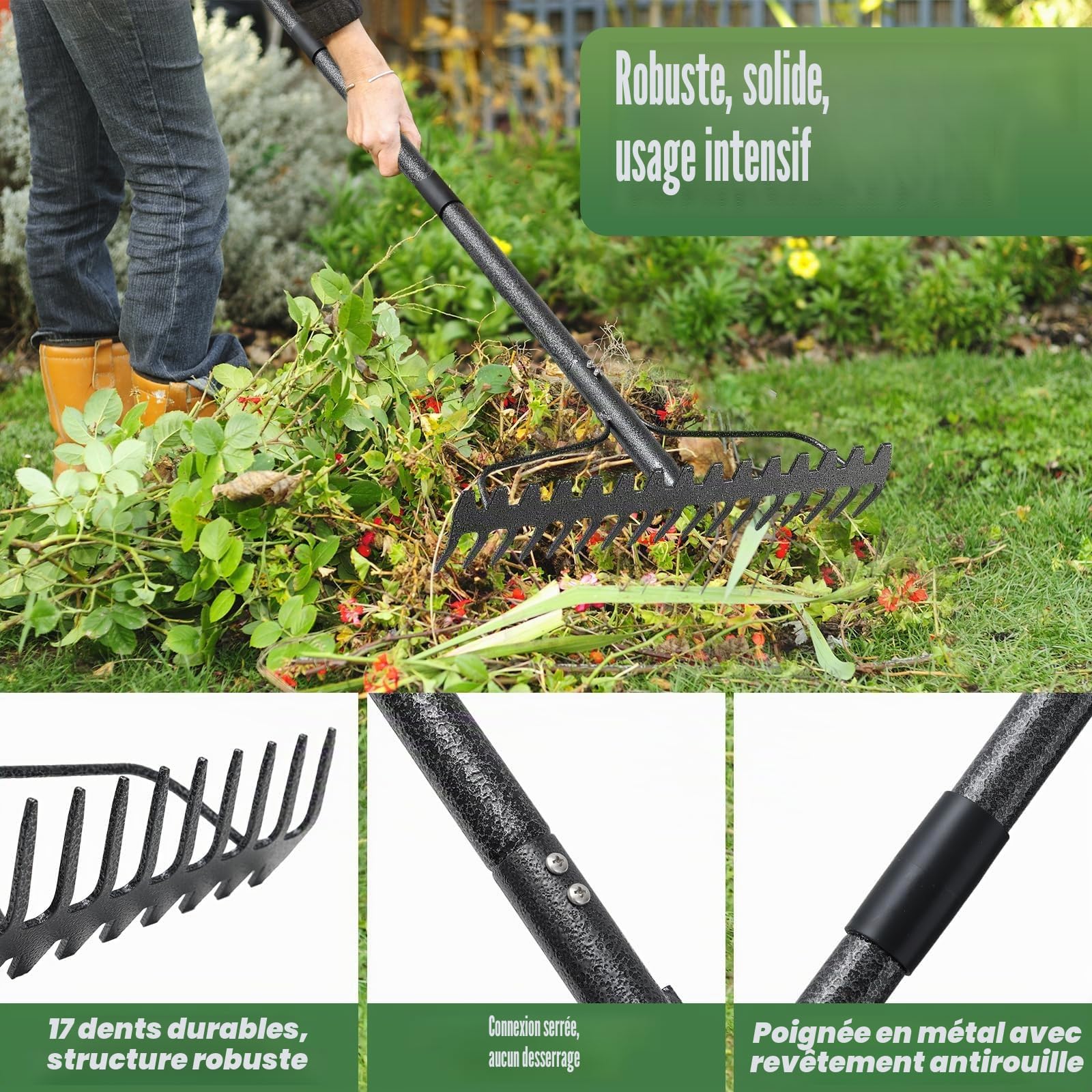 Râteau à arc de 152 cm, râteau de jardin à tête large à 17 dents, râteau réglable robuste pour terre, feuilles et gravier, gris