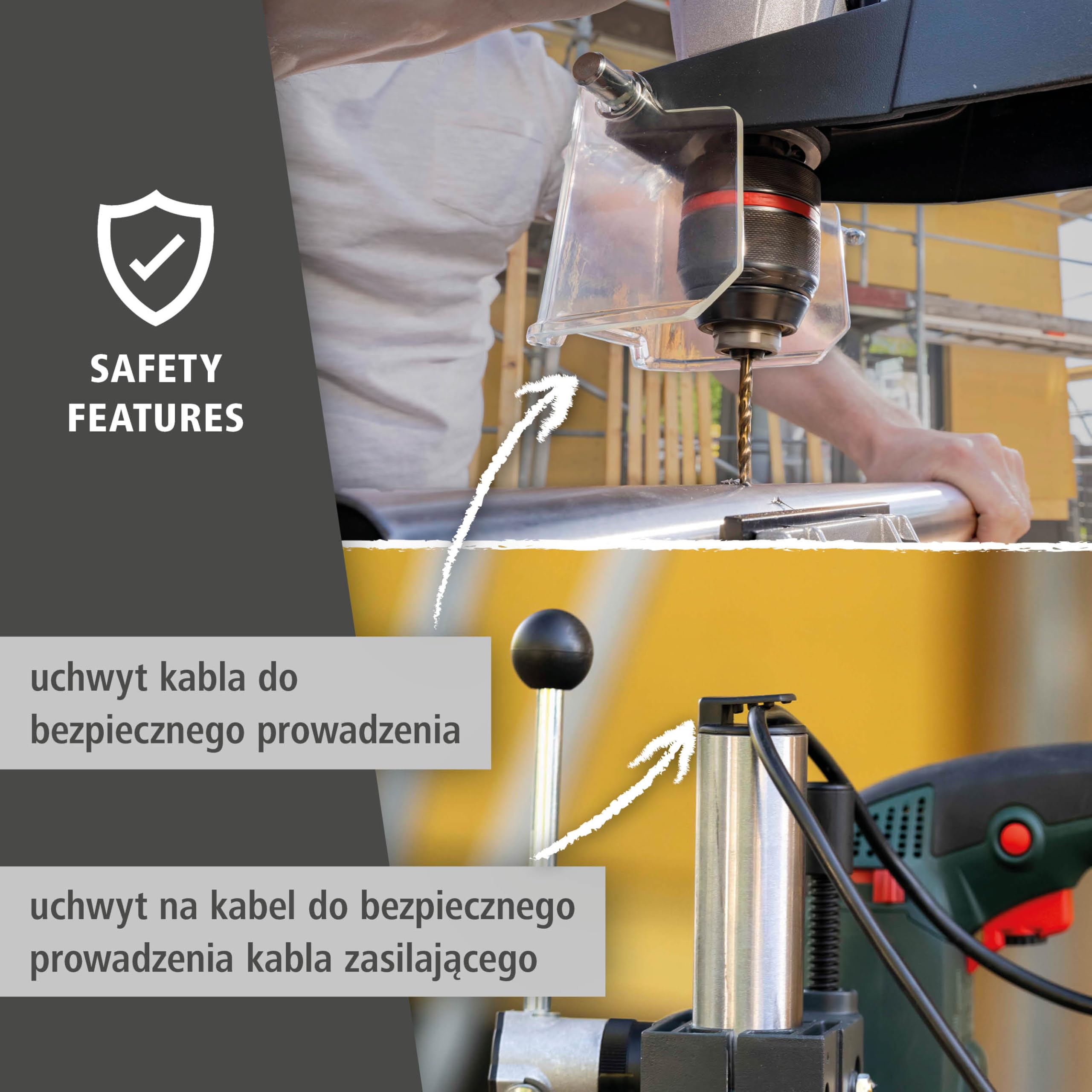 wolfcraft Stojak wiertarski PRO – wytrzymałe rozwiązanie do kontrolowanego, ograniczonego głębokości wiercenia – idealny do prac seryjnych – wysięg 130 mm i skok 80 mm – 5029000