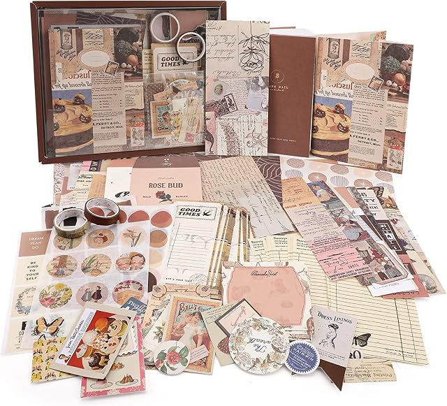 Victop 346pcs Scrapbook Kit Vintage Aesthetic Scrapbooking Supplies Kit with A6 Grid Notebook, Sticker, Card, Label, Washi Tape, Scrapbook Paper DIY Journal Scrapbook Supplies Set for Kids Adults