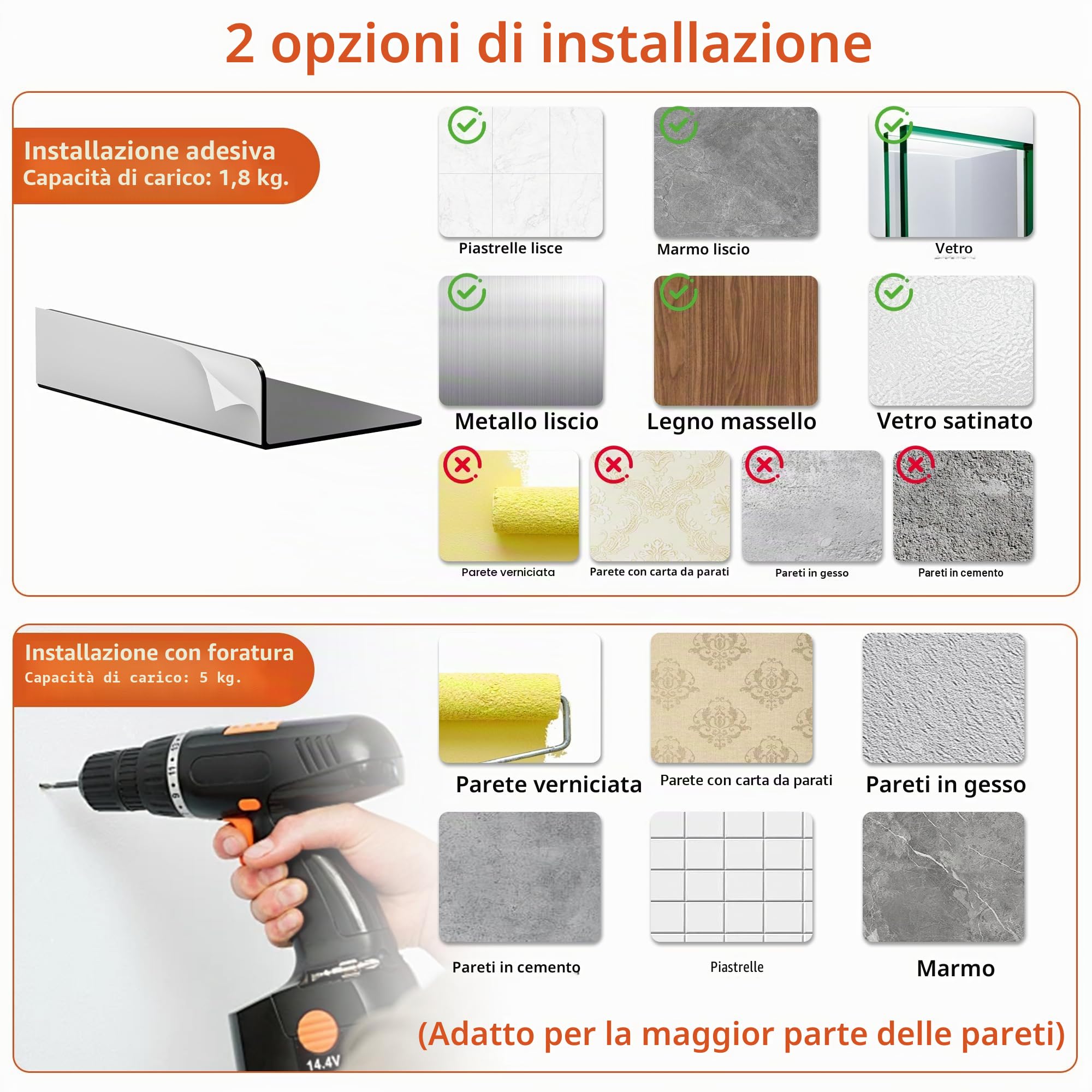 Wisfame Mensola da Muro in Metallo 2 Pezzi, Nere Mensole Adesive da Parete Senza Foratura, 23cm Mensolina da Muro Piccola per Soggiorno, Camera da Letto, Bagno,Cucina, Ufficio，Con Fori per Cavi