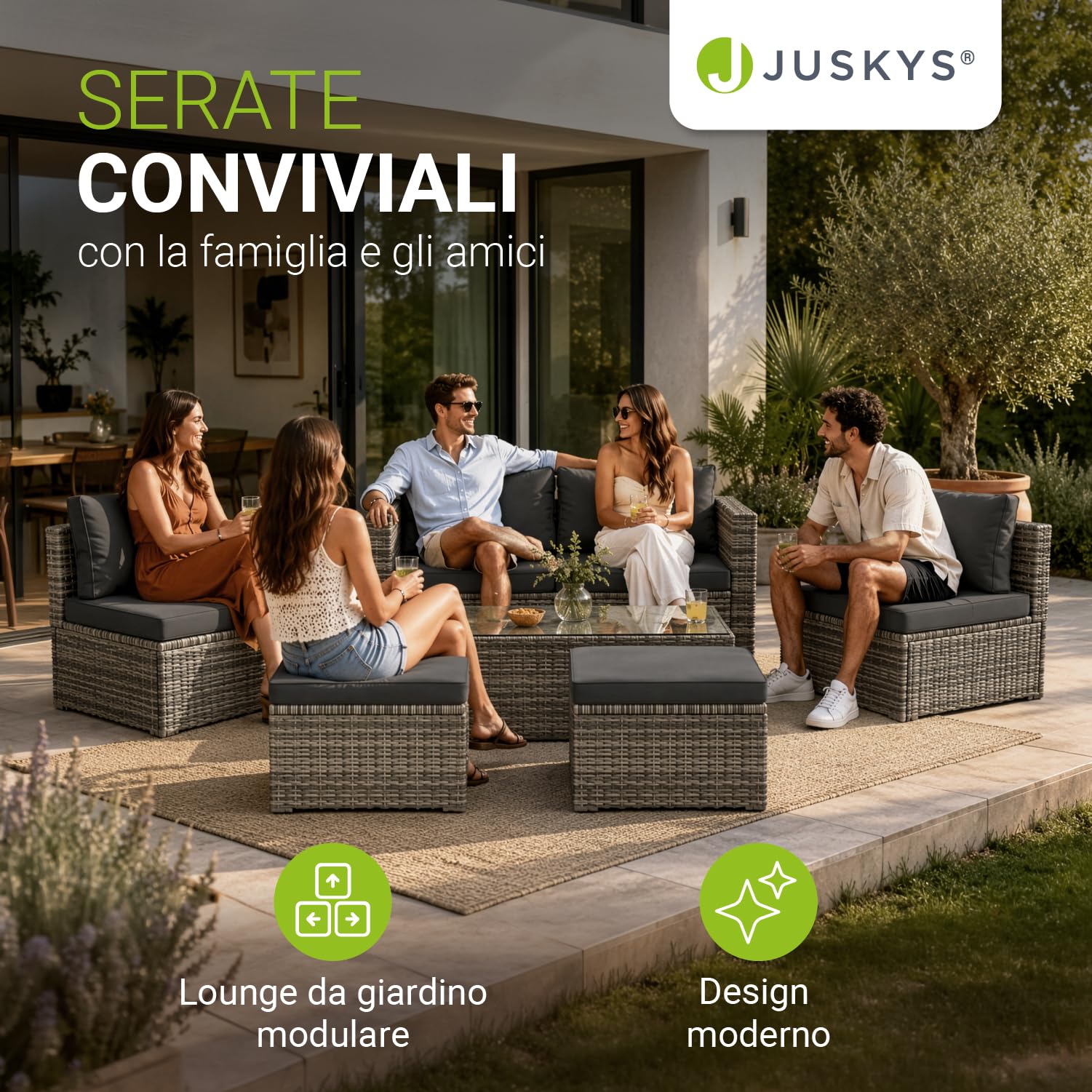 Juskys set di mobili da giardino Salou in polyrattan per 6 persone con tavolo e cuscini grigio
