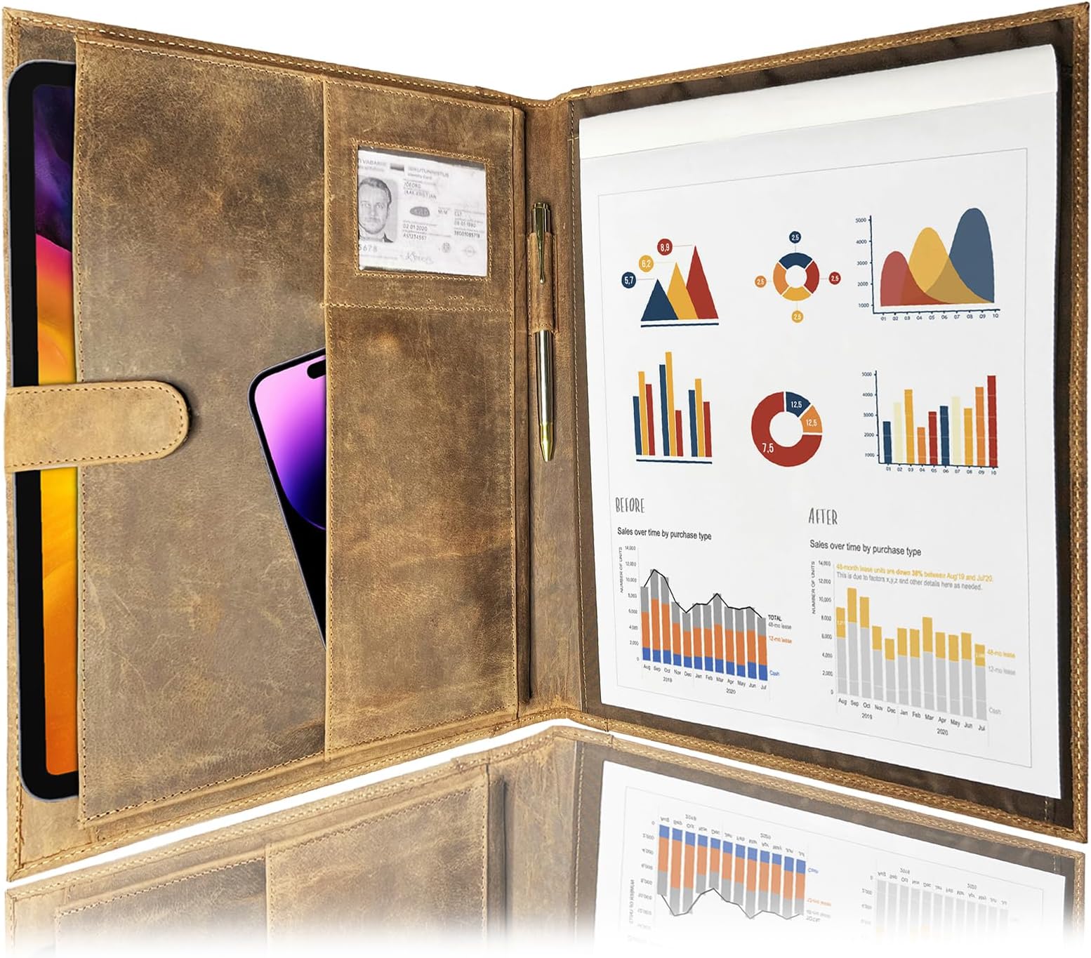 Handmade Leather Business Portfolio File Folder | Professional Document Folder Organizer Men & Women | Leather A4 Size Padfolio with Sleeves for Documents & Notepad Holder (Medium, Brown)