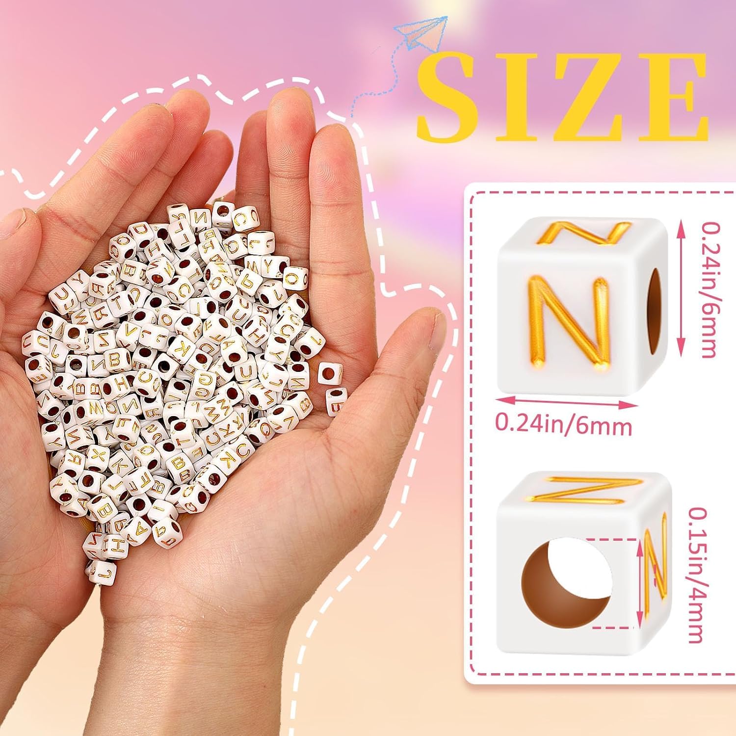 Augshy 1400pcs Square Acrylic Gold Alphabet Beads A-Z Cube Letters Beads for Bracelets Necklaces Phone Lanyard Making with 1 Roll Crystal String Cord for Jewelry Making(6 mm) - Image 2