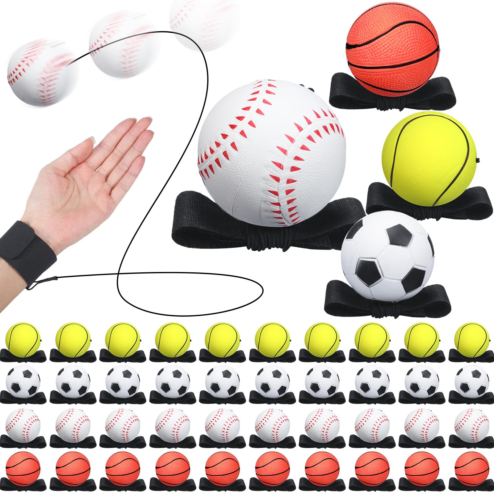 Liliful 40 Pcs Wrist Return Ball on a String 2.48 Inch Rebound Sports Balls with Elastic Strap Rubber Rebound Bouncy Basketball Baseball Soccer Tennis