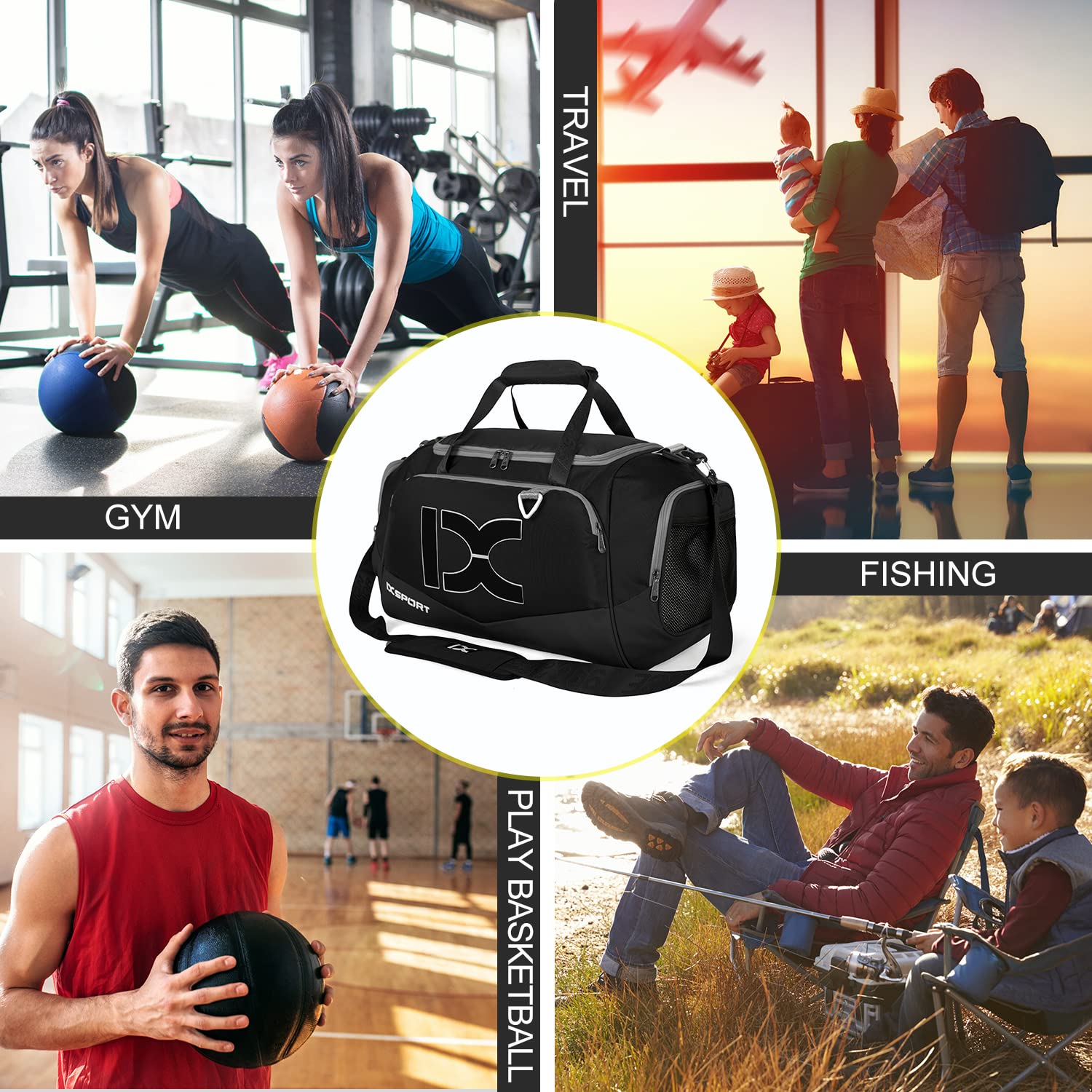 INOXTO Fitness Sport Gym Bag con scomparto per scarpe impermeabile da viaggio borsone per donne e uomini, Nero, Bianco,