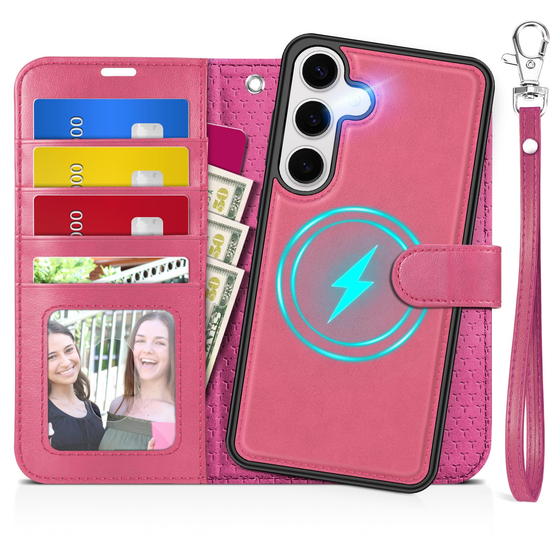 TUCCH Case for Galaxy S25, [Detachable] 2 in 1 Magnetic PU Leather Wallet Case Wrist Strap RFID Blocking [Wireless Charging] 4 Card Holders Stand