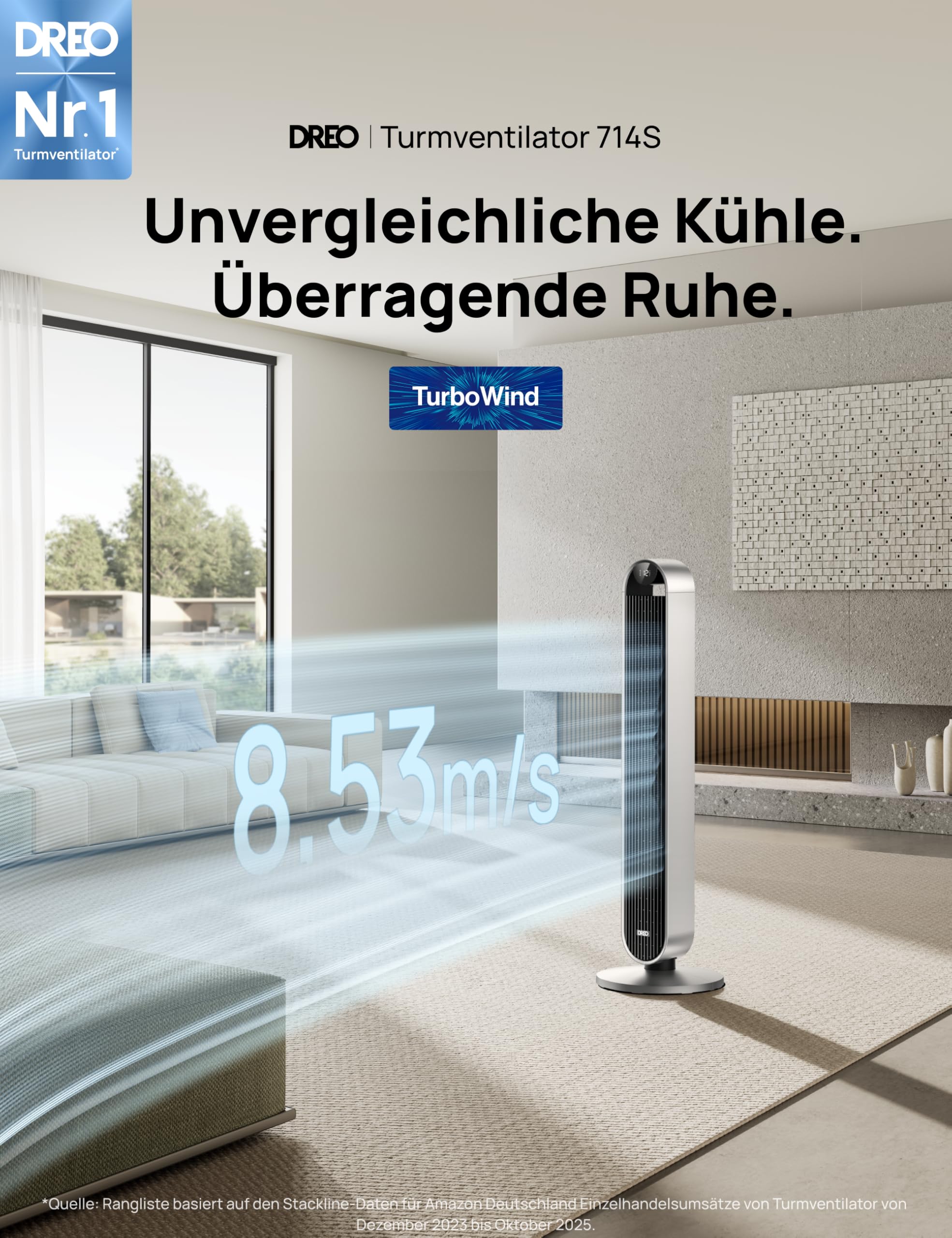 DREO Smart Turmventilator Sehr Leise, 120° Oszillierender Ventilator mit Kühlung, 25dB Standventilator mit Fernbedienung für Schlafzimmer, 12 Geschwindigkeiten, 4 Modi, 12-Stund-Timer, Pilot Max S