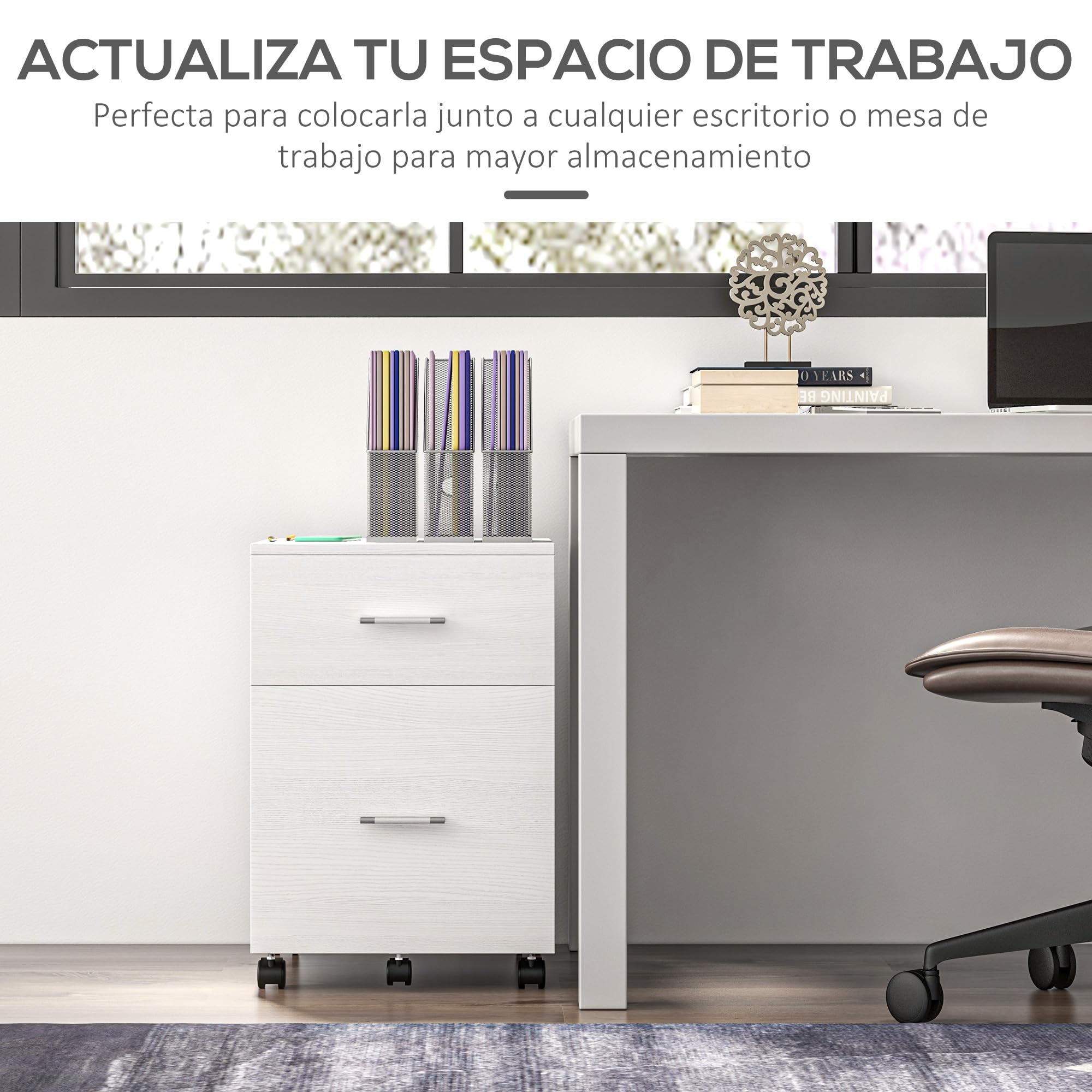 Vinsetto Archivio verticale con ruote, archivio mobile, Bianco | 2 cassetti, piccolo armadio da ufficio, per file Letter o A4, studio home office