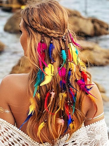 Miniatura 6 de GENBREE Diadema de plumas bohemias, diadema india arco iris, tocado de plumas hippie ajustable, accesorios para el pelo de plumas largas para