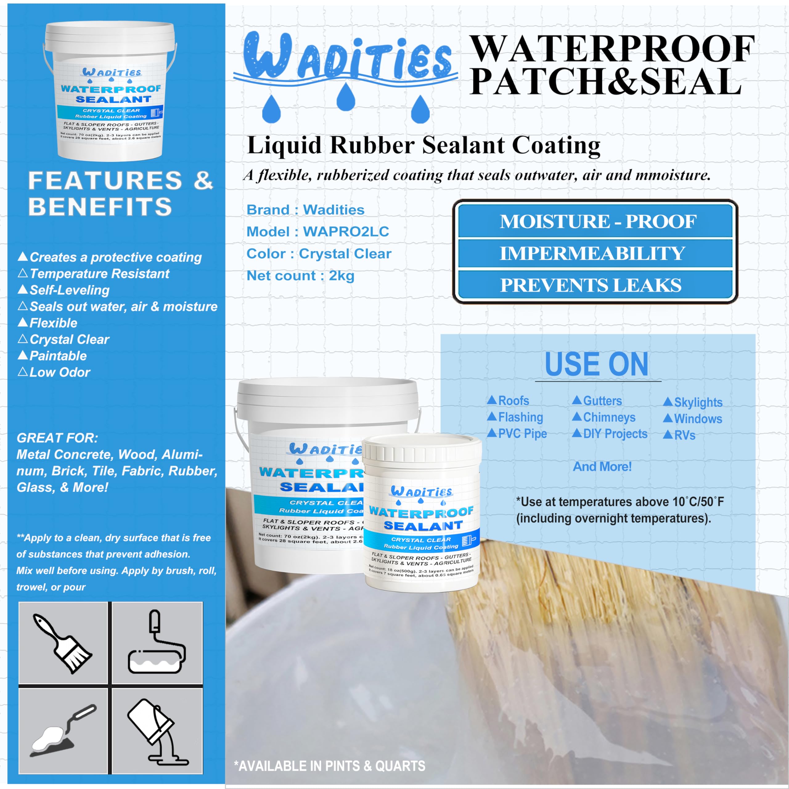 Wadities Hidrofugante Invisible, Impermeabilizante Transparente, Adhesivo Transparente Reparador de Fugas Impermeable, Revestimiento Impermeable para Interiores y Exteriores 2 KG